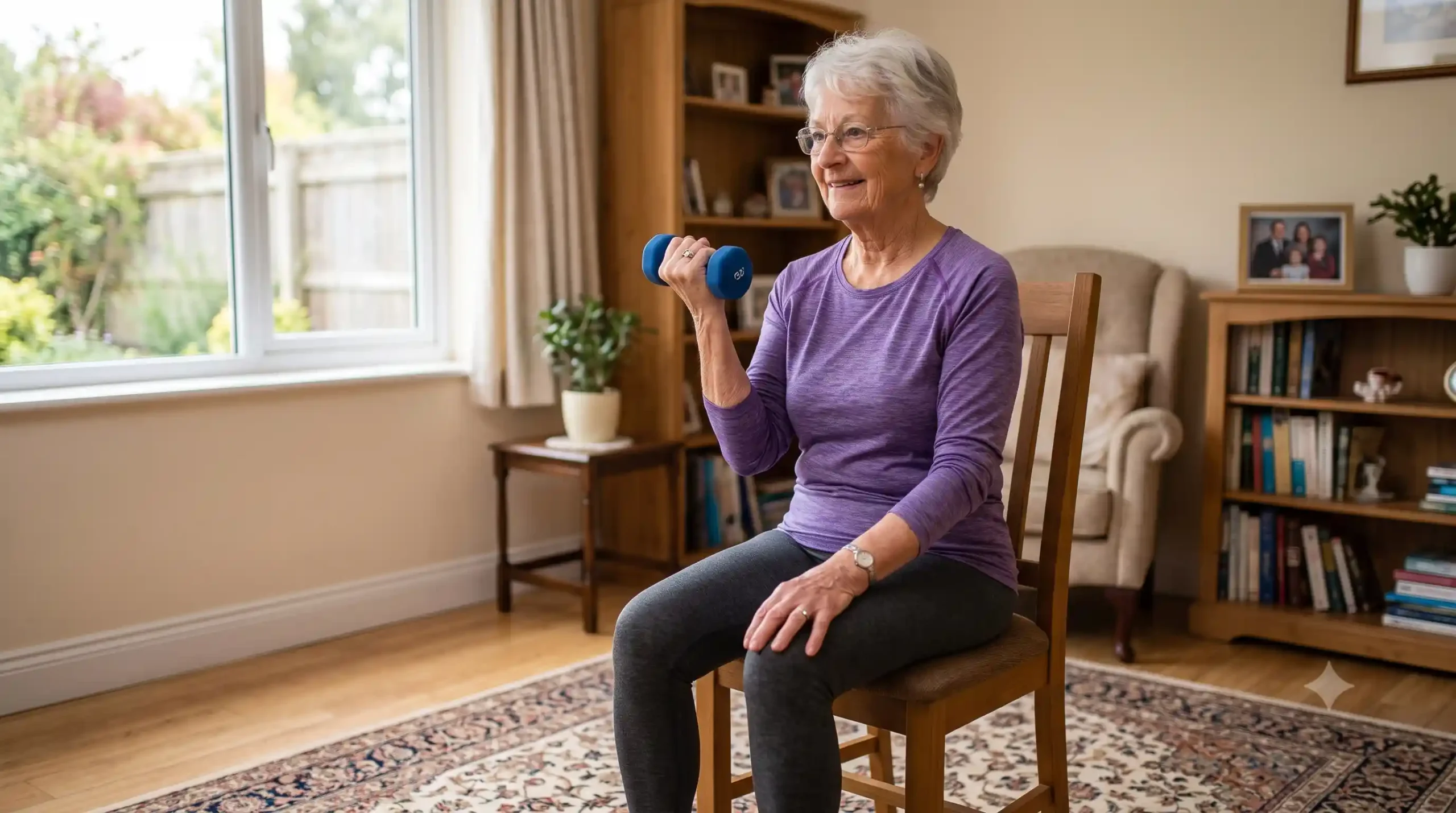 senior lady over 65 doing some exercises in her house