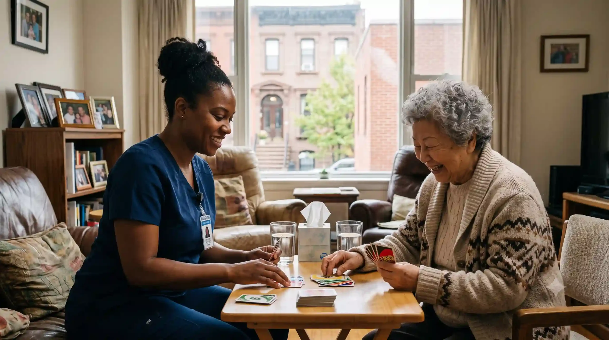 nurse playing uno with old lady in nyc