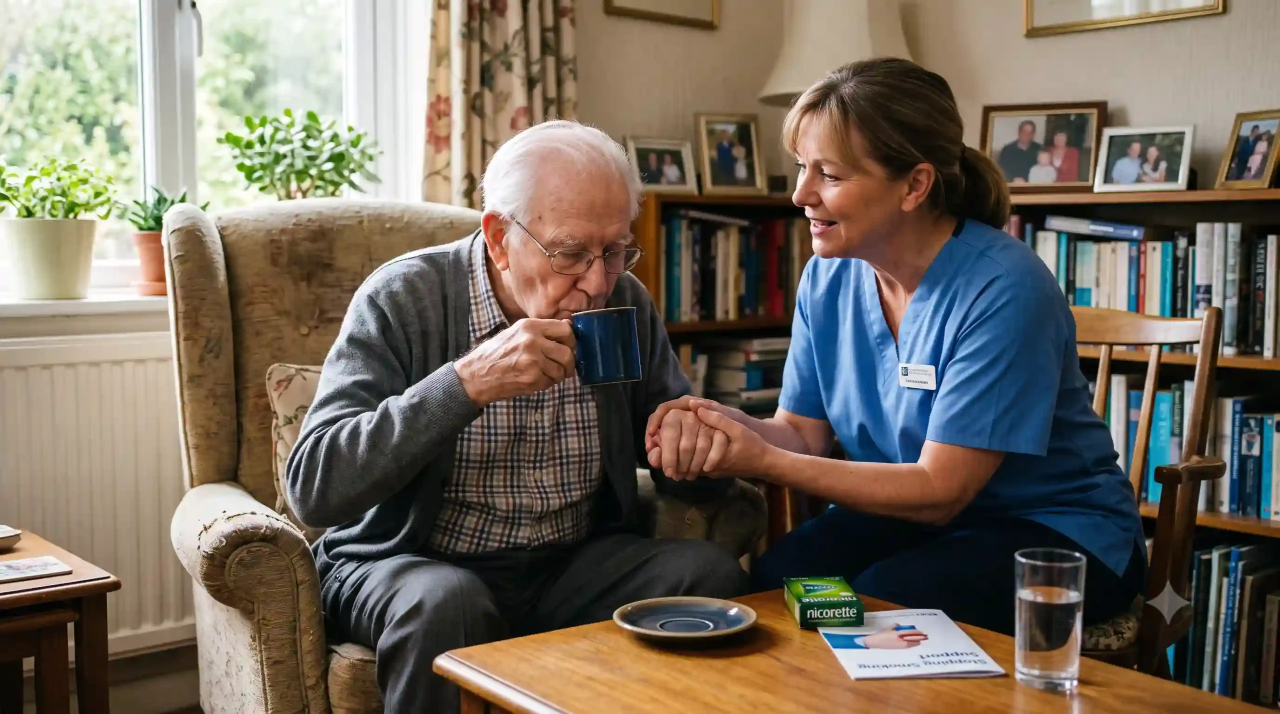 nurse taking care of an elderly man while hes trying to quit smoke