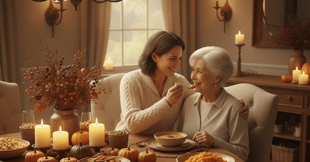 Caregiver helping an elderly woman enjoy a warm Thanksgiving meal at home, highlighting compassionate senior care.