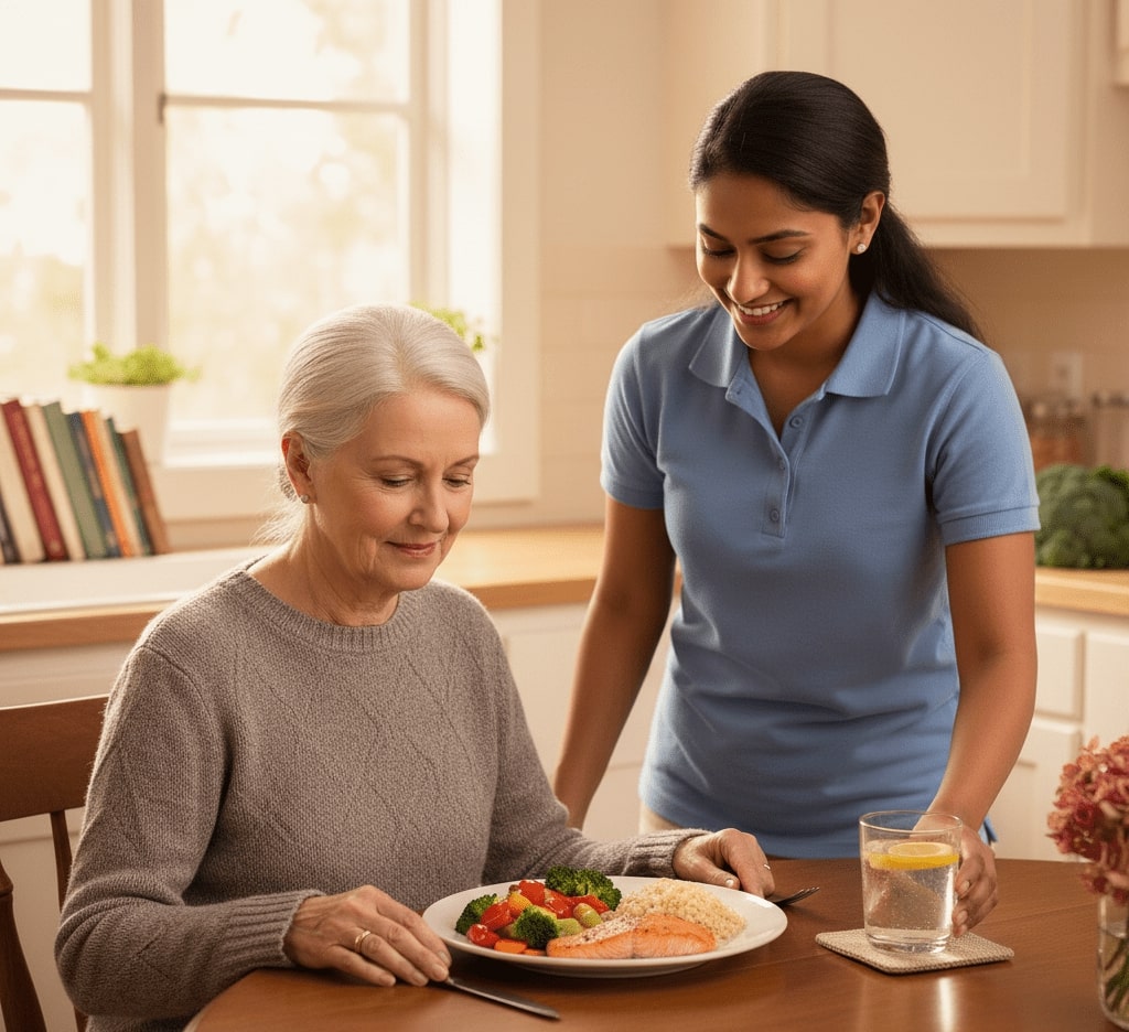 Senior woman sitting at a kitchen table with a caregiver checking her diabetes supplies and offering support at home.