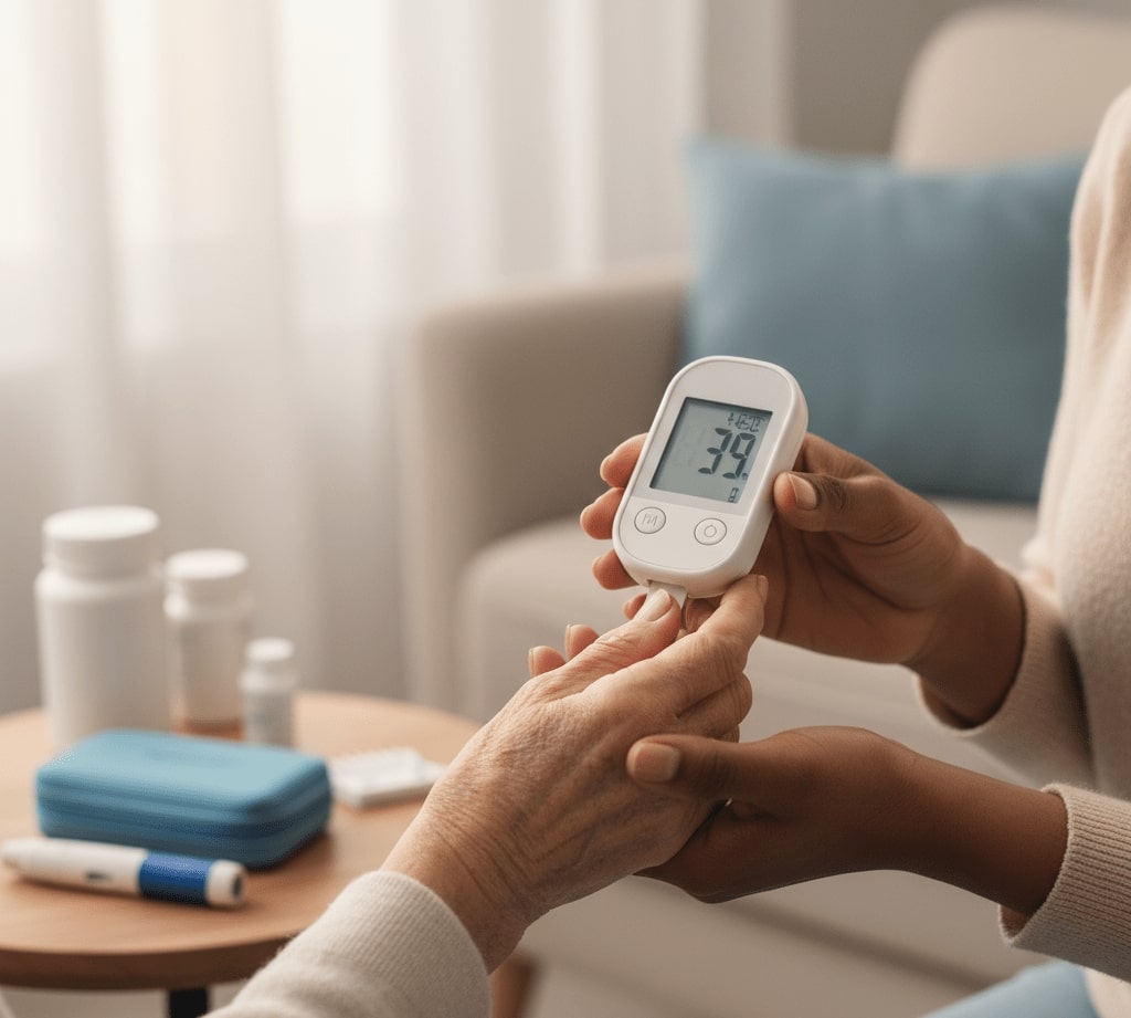 Close-up of a caregiver checking a senior’s blood sugar with a home glucometer.