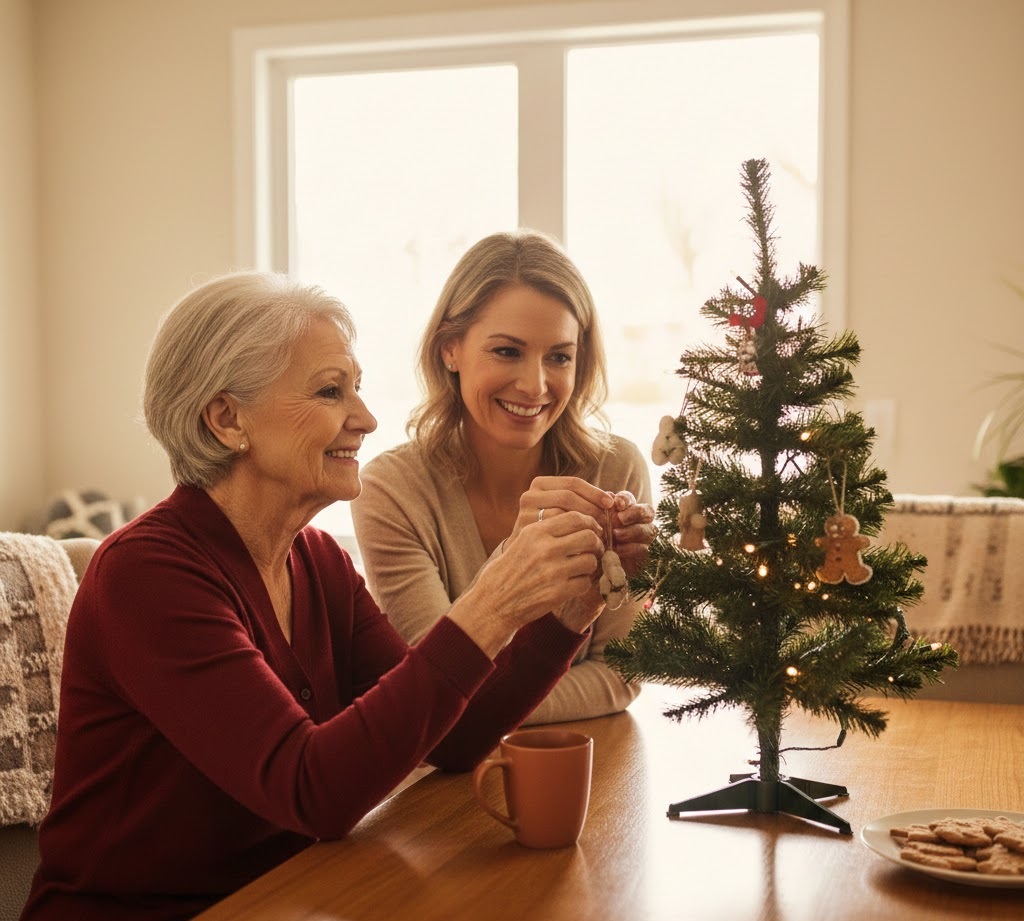 Caregiver helping a senior decorate for the holidays to reduce loneliness