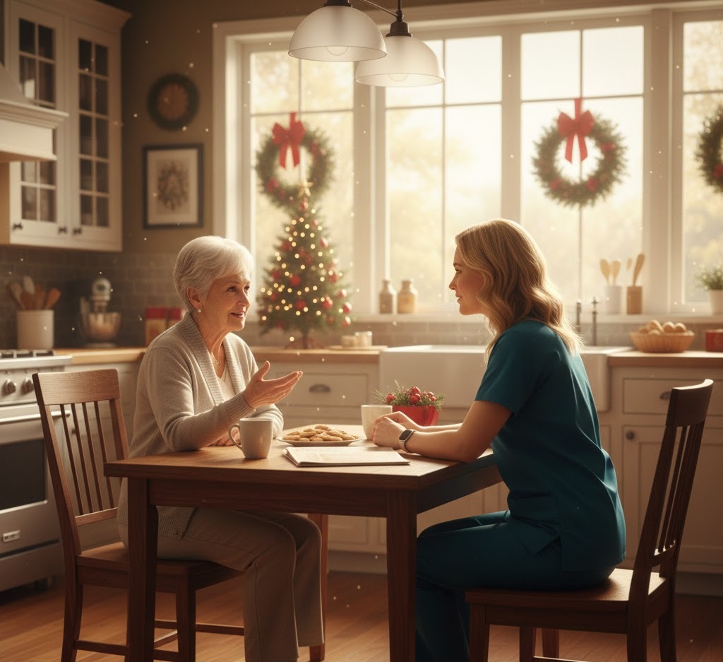 Caregiver providing emotional support to a senior during the holiday season