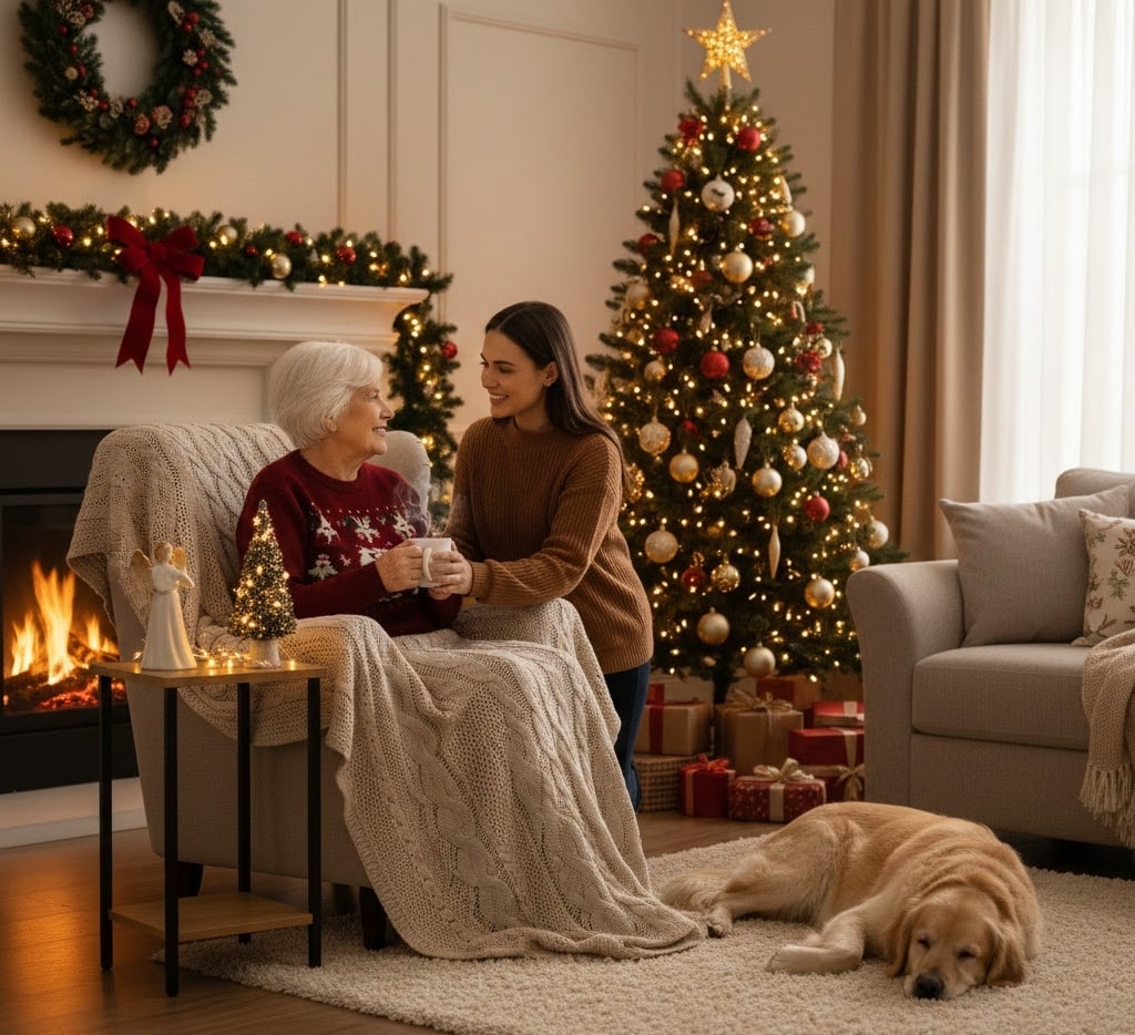 Caregiver helping a senior safely enjoy the holiday season in a warm, decorated home.