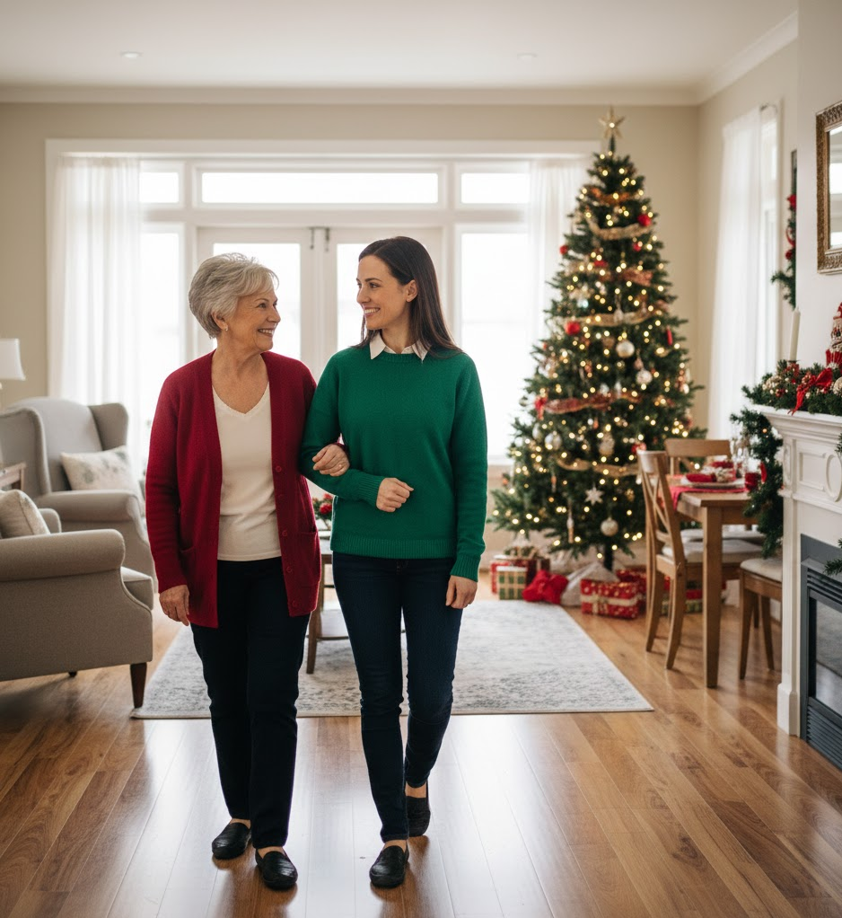 Senior walking safely with a caregiver through a holiday-decorated home with clear pathways and bright lighting