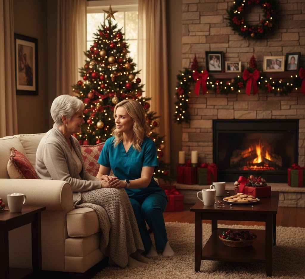 Caregiver providing comfort and companionship to a senior during the holiday season
