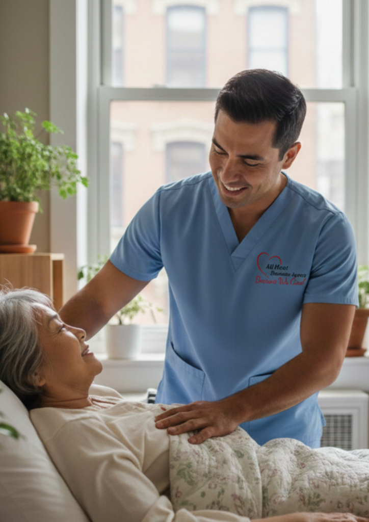 Private duty nurse caring for senior at home in NYC.