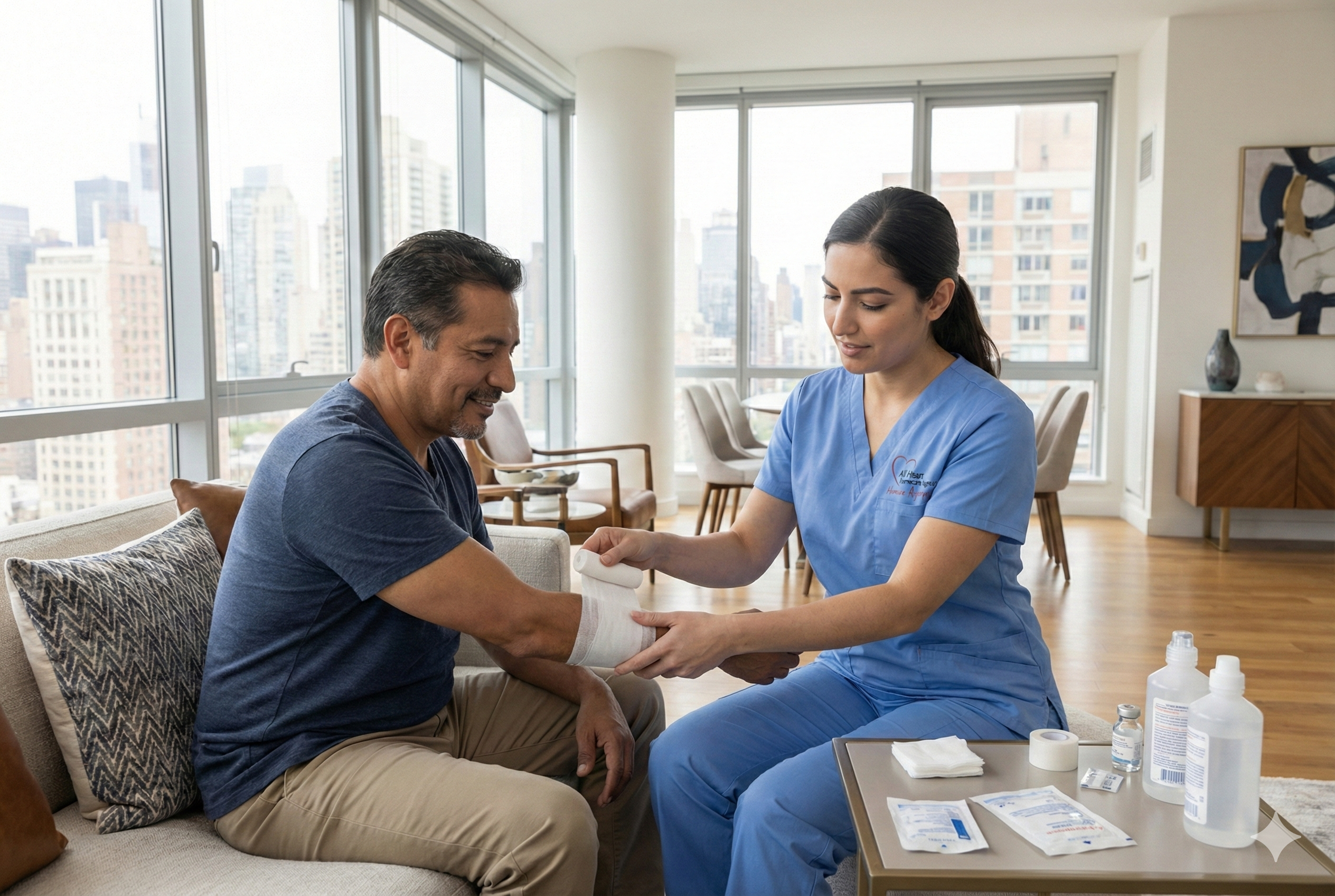 All Heart Care private duty nurse providing skilled in home nursing care to adult patient in NYC.