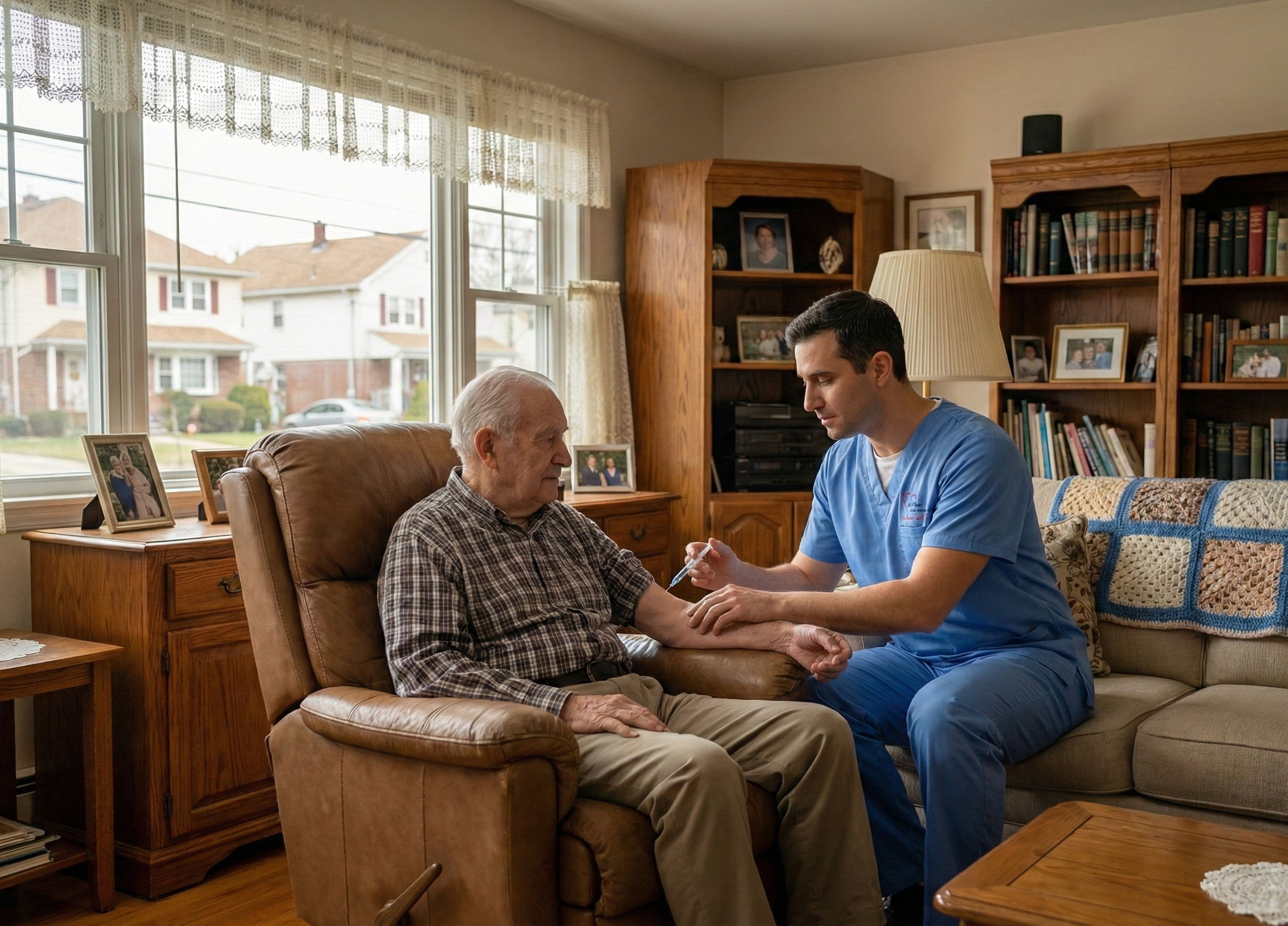 Skilled private duty nurse assisting elderly patient at home in NYC.