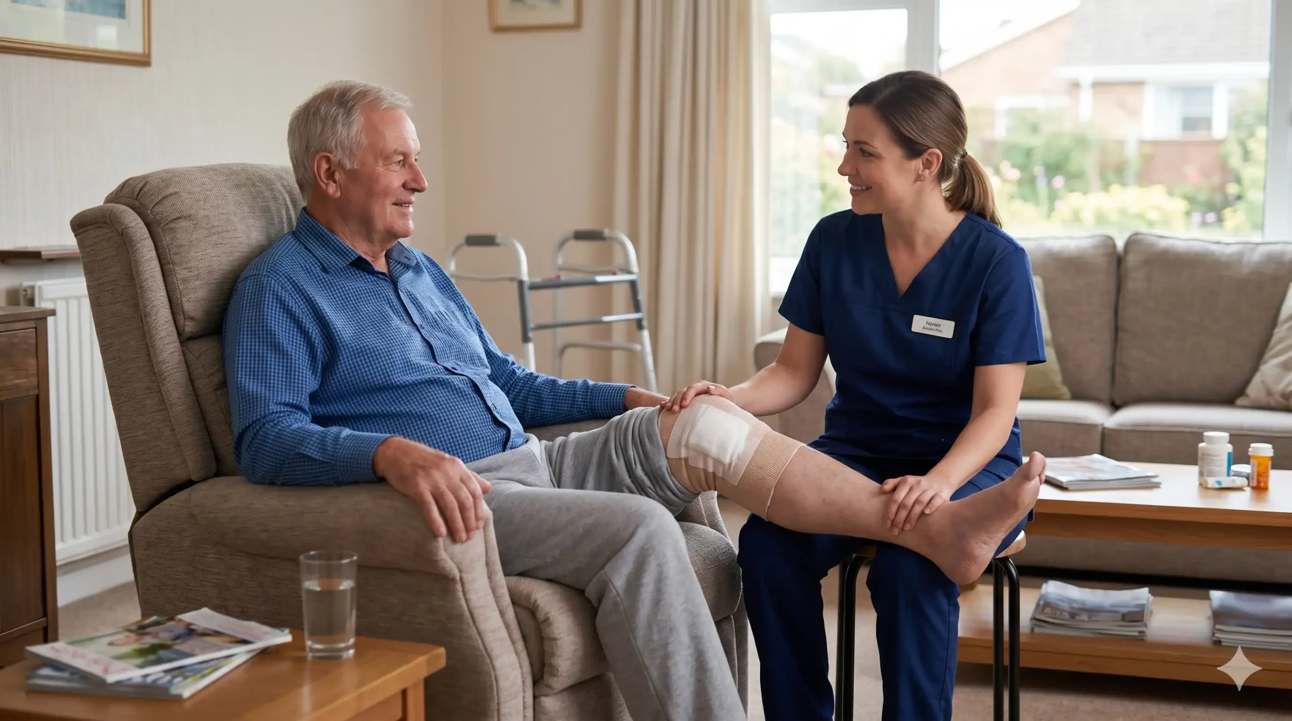 senior man with nurse in home care after knee replacement surgery