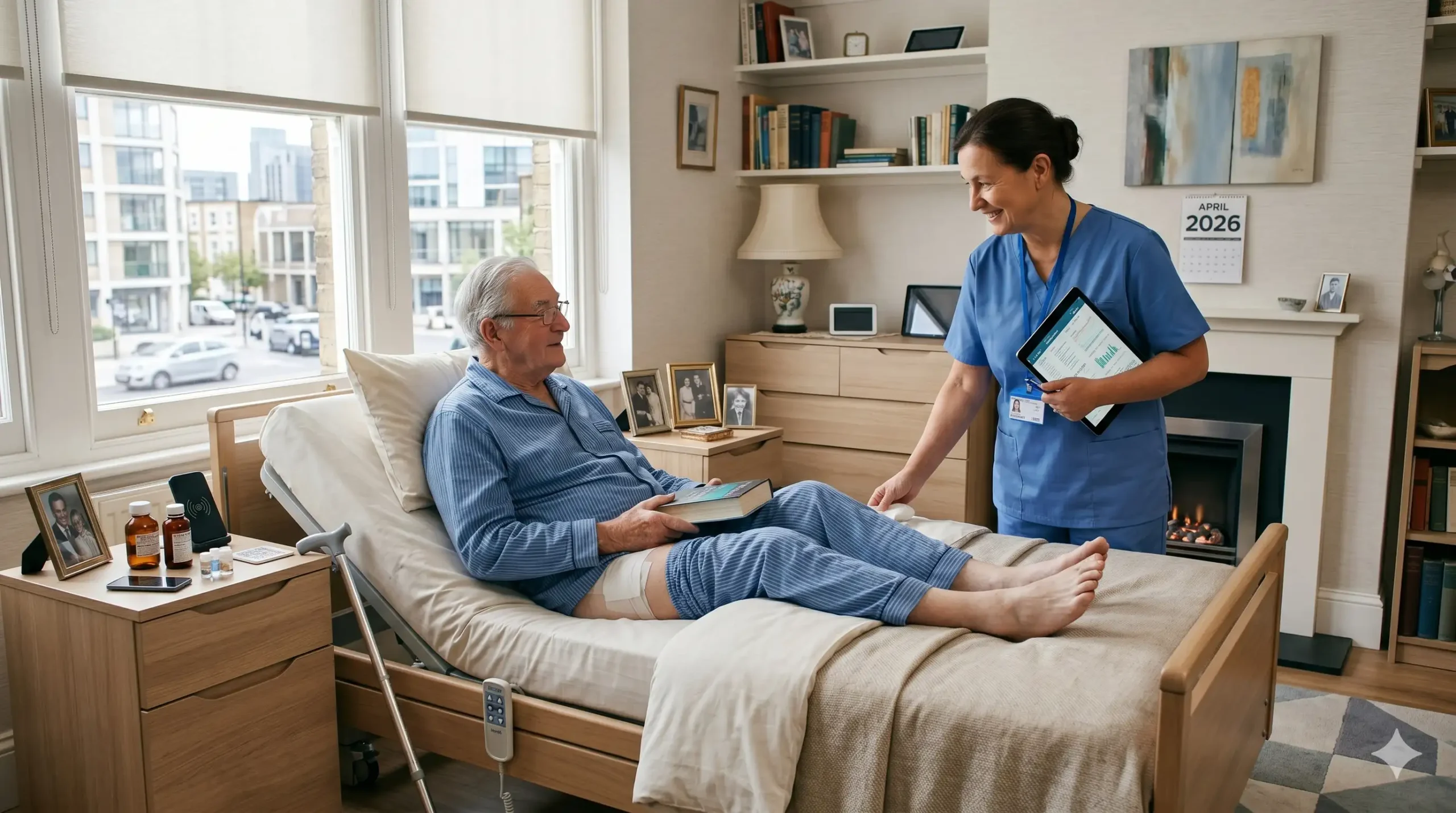 old man after hip replacement surgery with nurse in home care