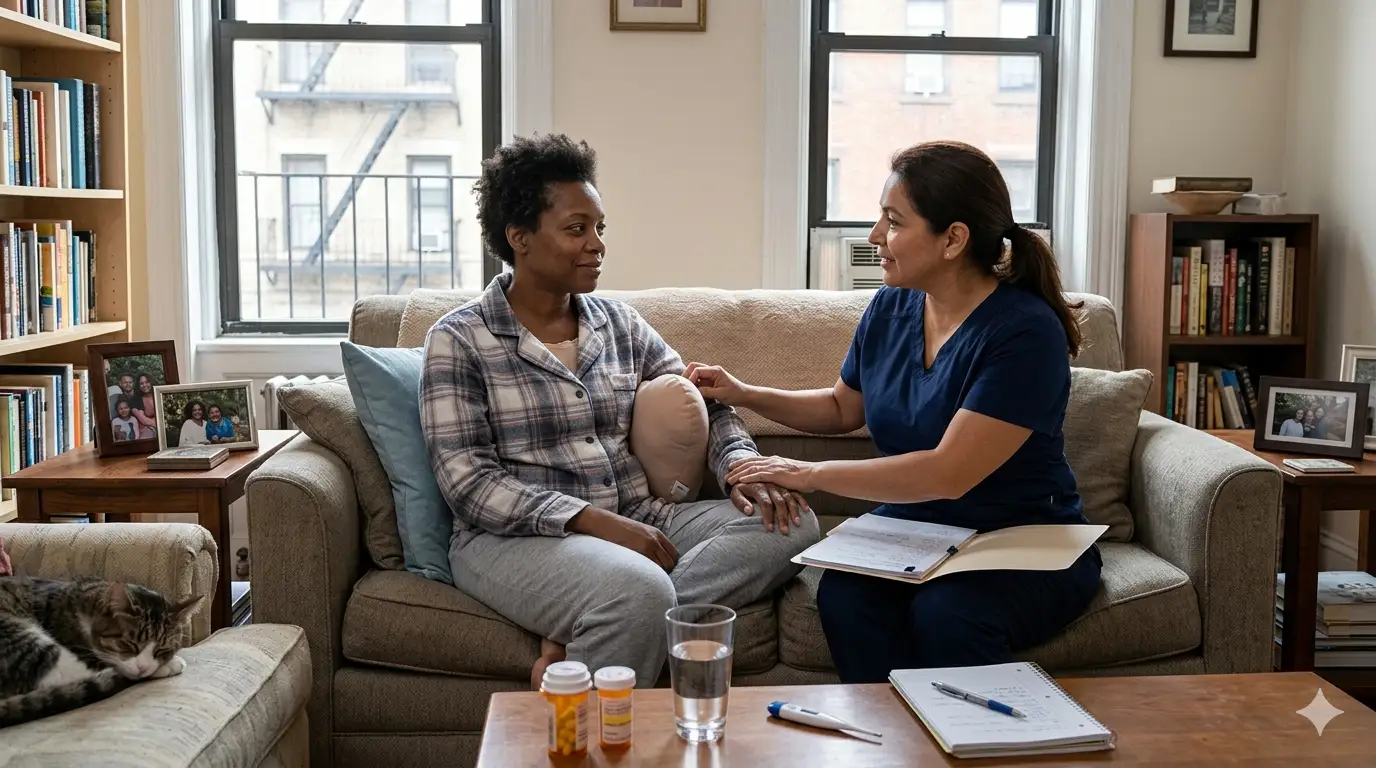 woman after a mastectomy surgery with a nurse in NYC