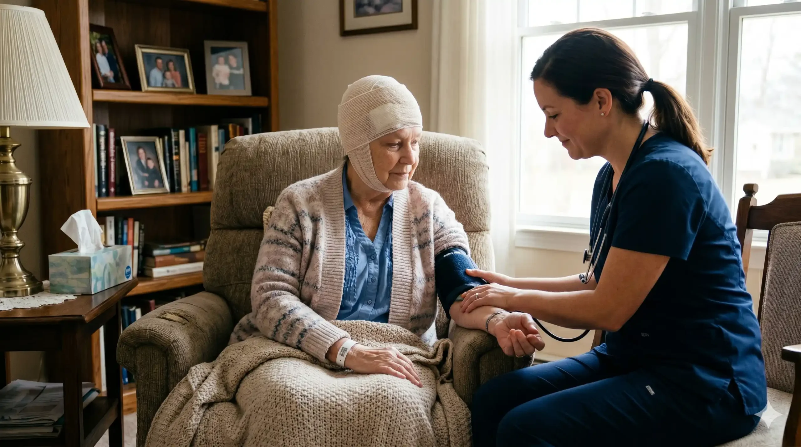 old lady in recovery after a tumor surgery with a private nurse