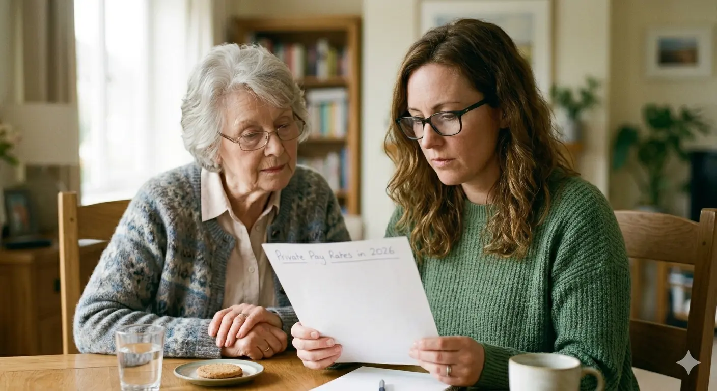 woman checking private pay rates in 2026 with her elderly woman