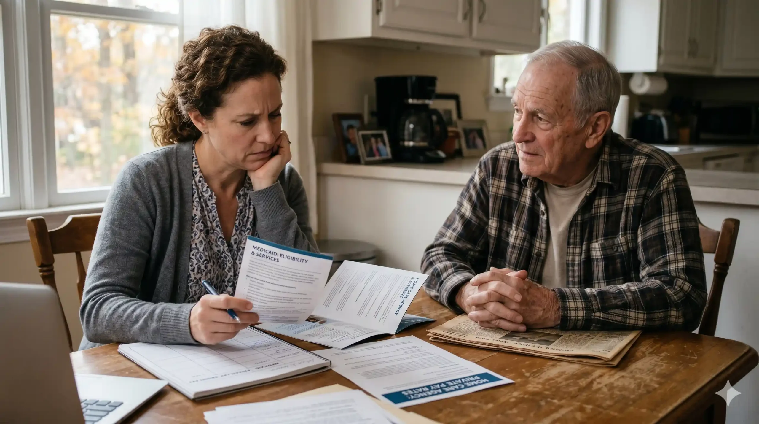 woman is deciding between medicaid vs private pay to take care of her elderly dad