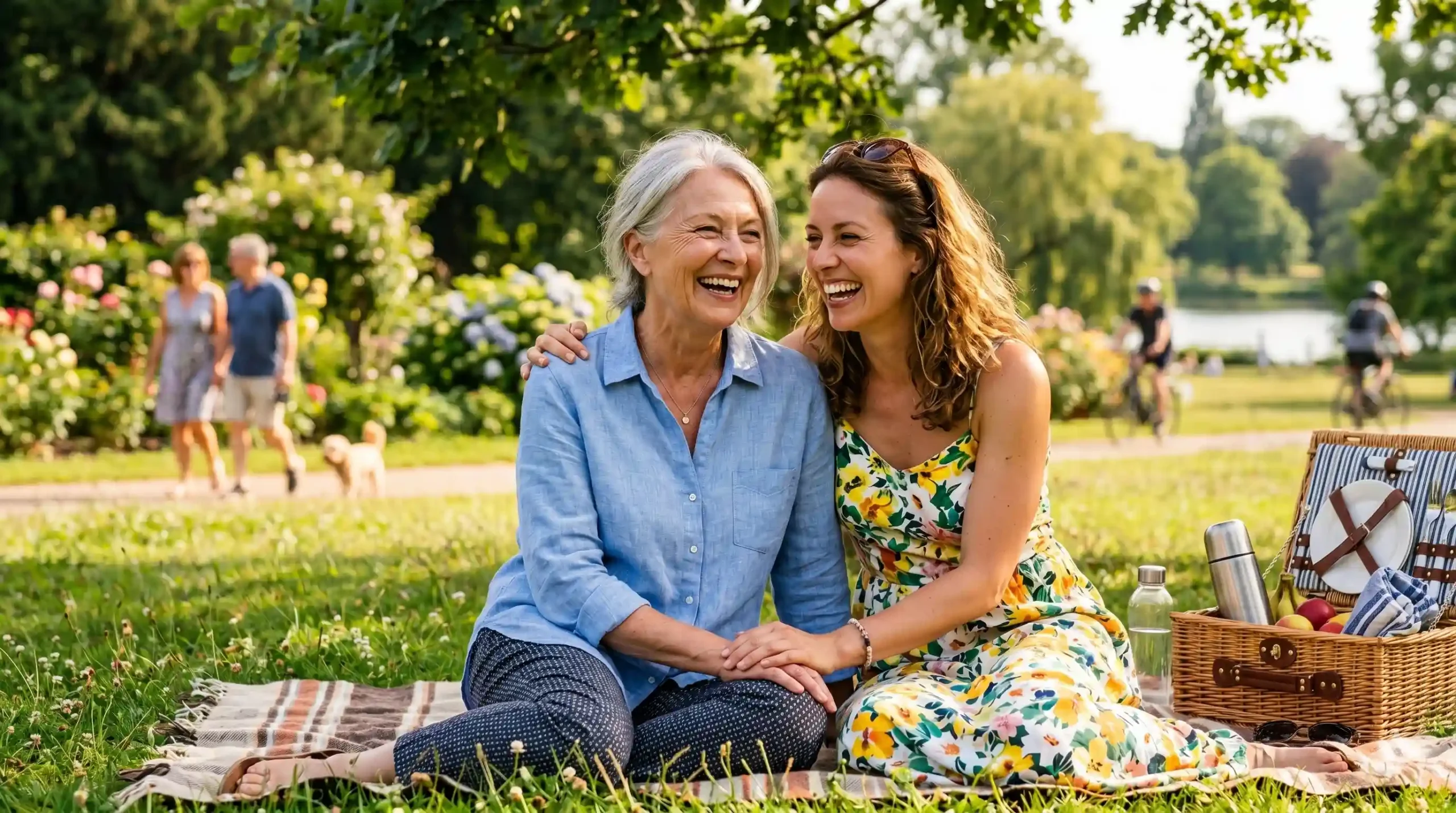 mom and daughter laughing together in a sunny day celebrating mothers day