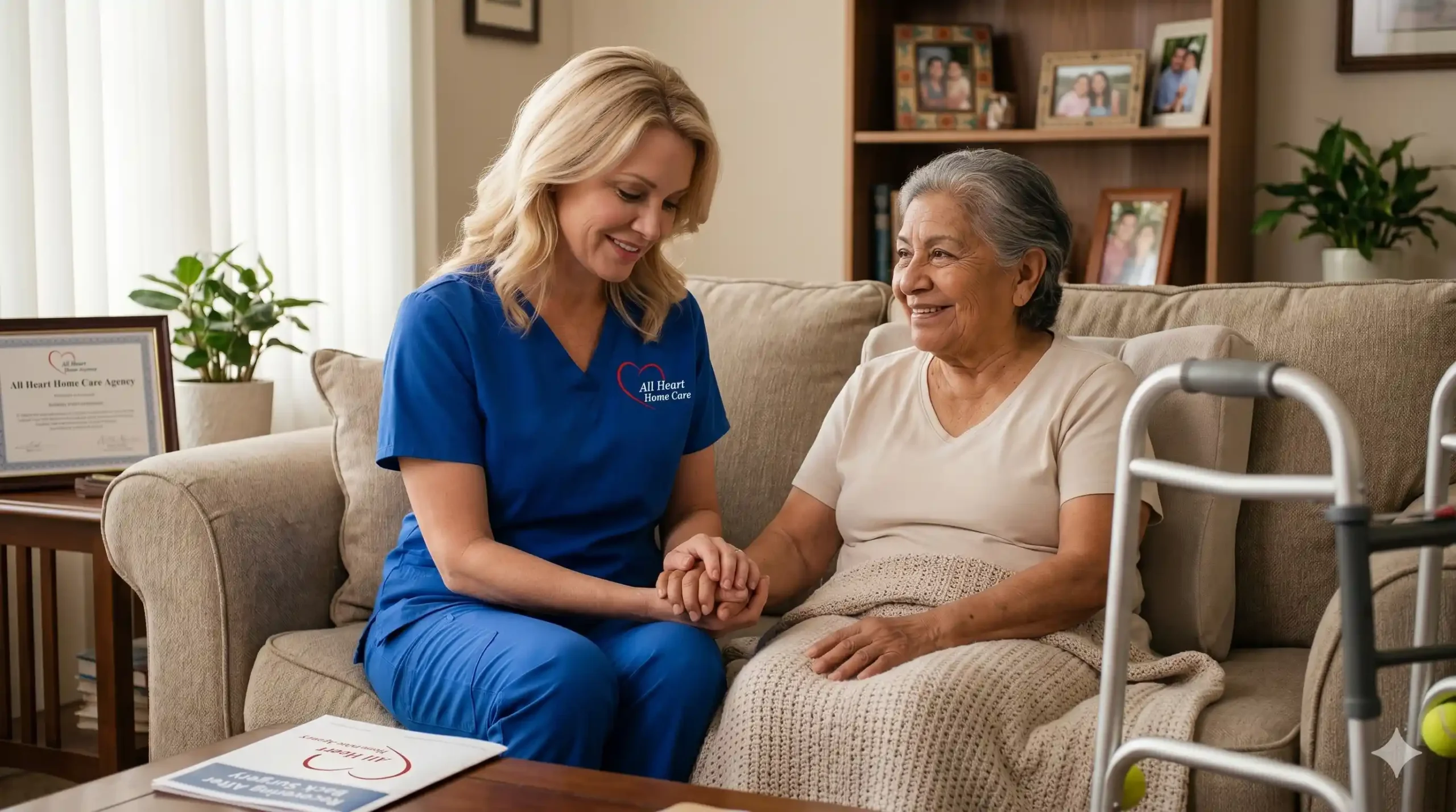 elderly woman after a back surgery with a nurse