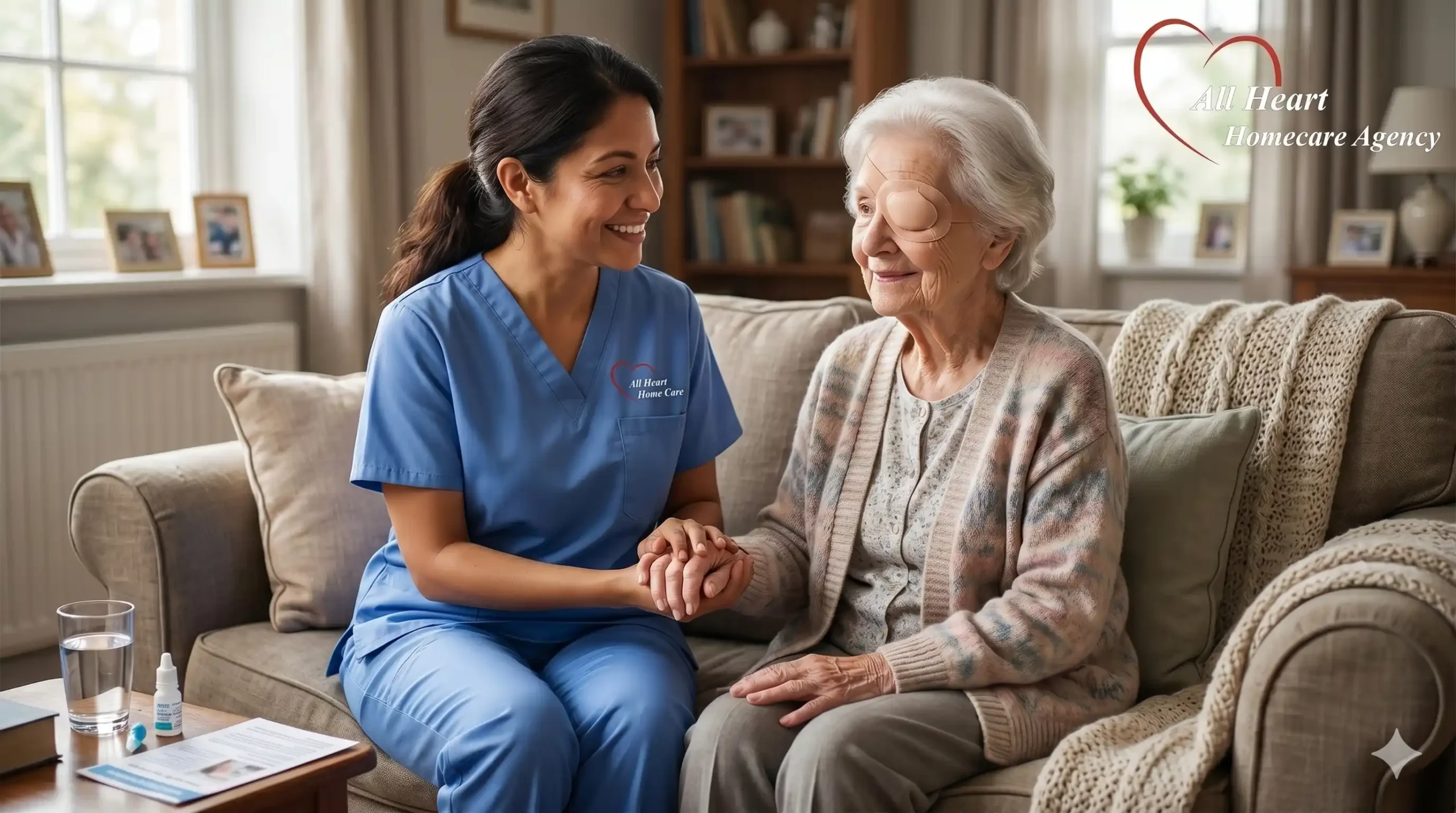 nurse with old woman after a cataract surgery in home care