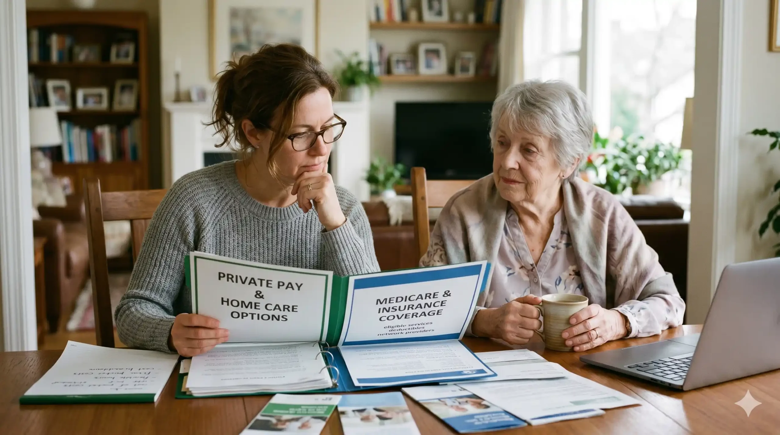 a woman deciding between private pay vs insurance home care