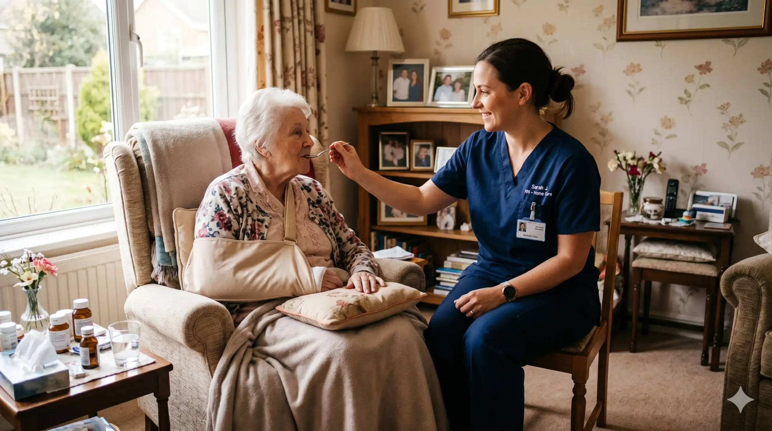 nurse with old woman after a stroke with home health care