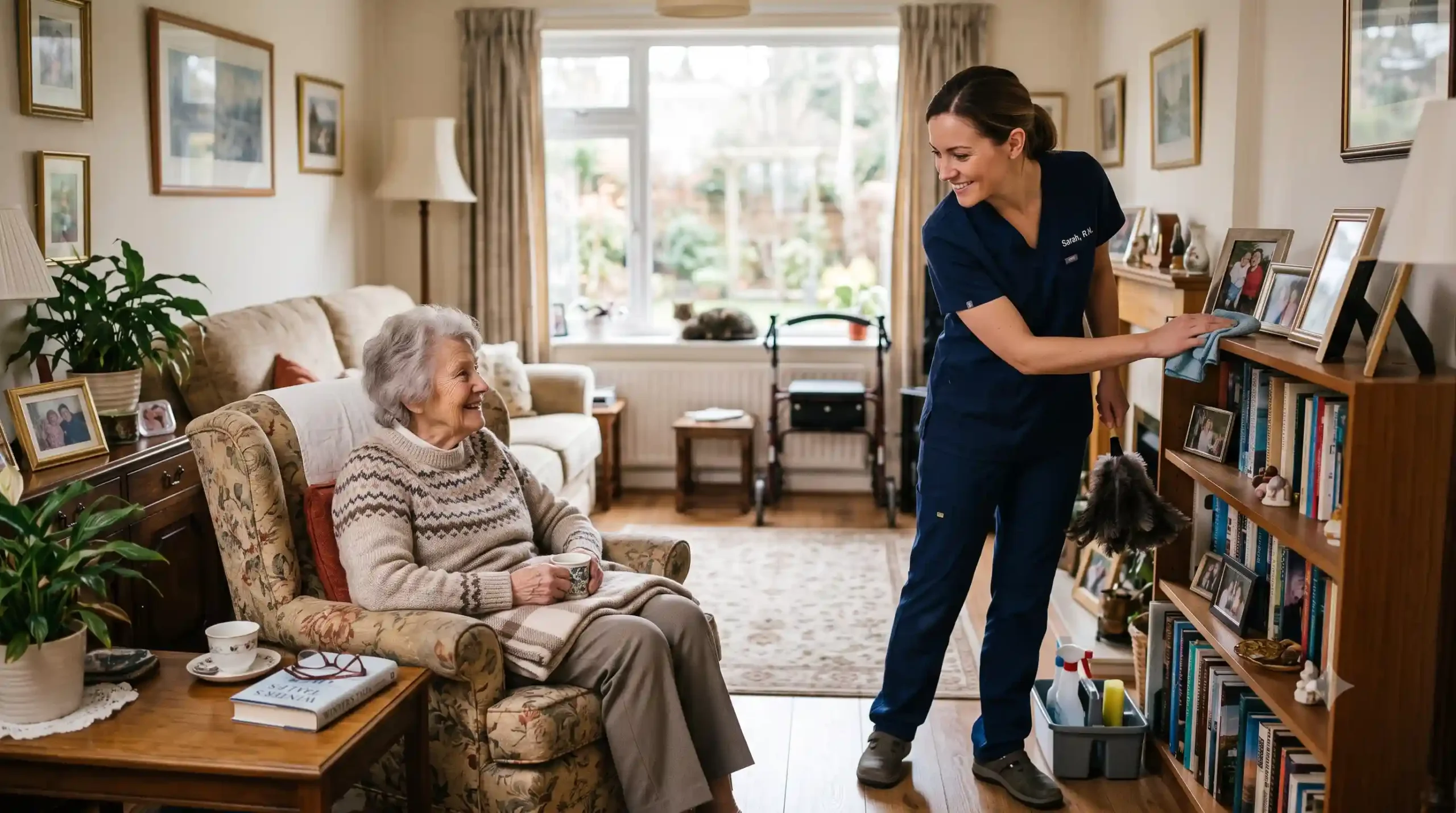 a nurse taking care of an elderly woman by providing light housekeeping services in nYC