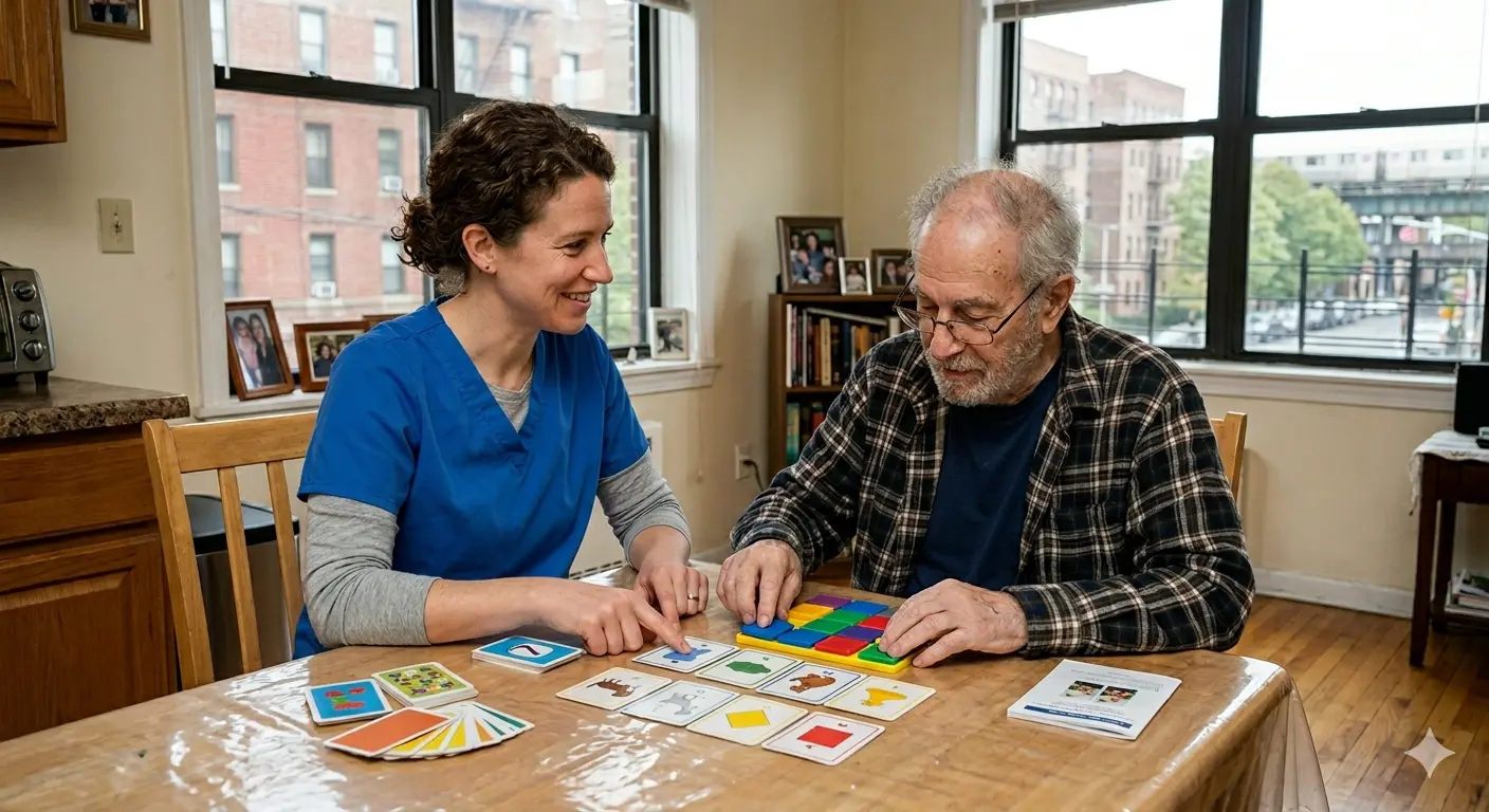 nurse taking care of an elderly man suffering from memory loss in NYC