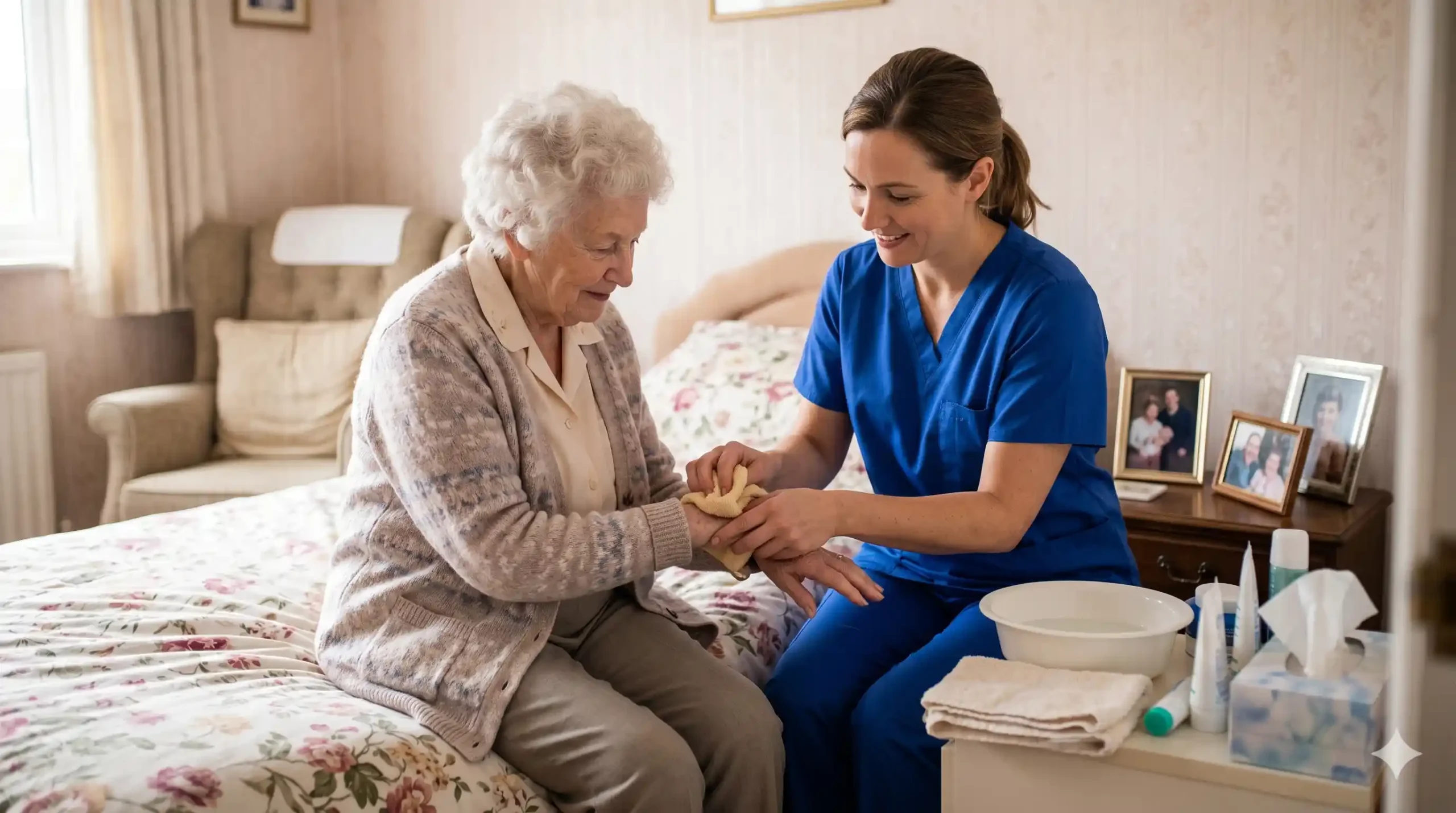 personal nurse taking care of an elderly woman with personal hygiene in nyc
