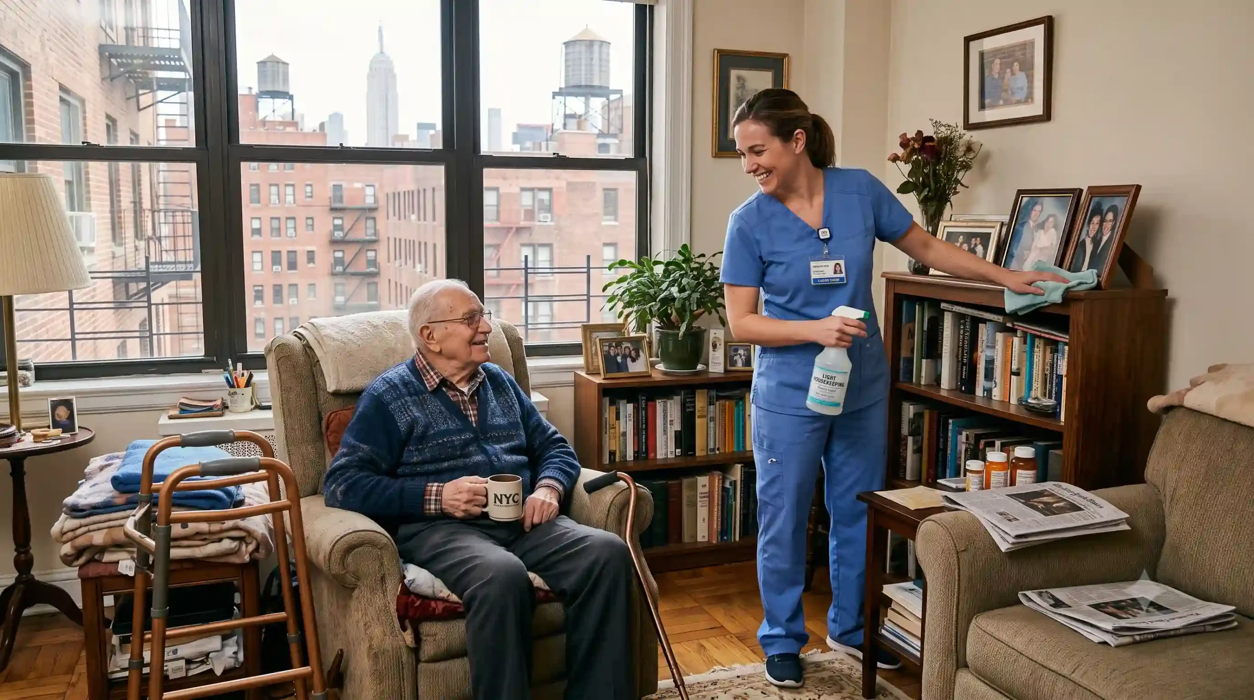 nurse taking care of lighthouse keeping services for a senior man in NYC