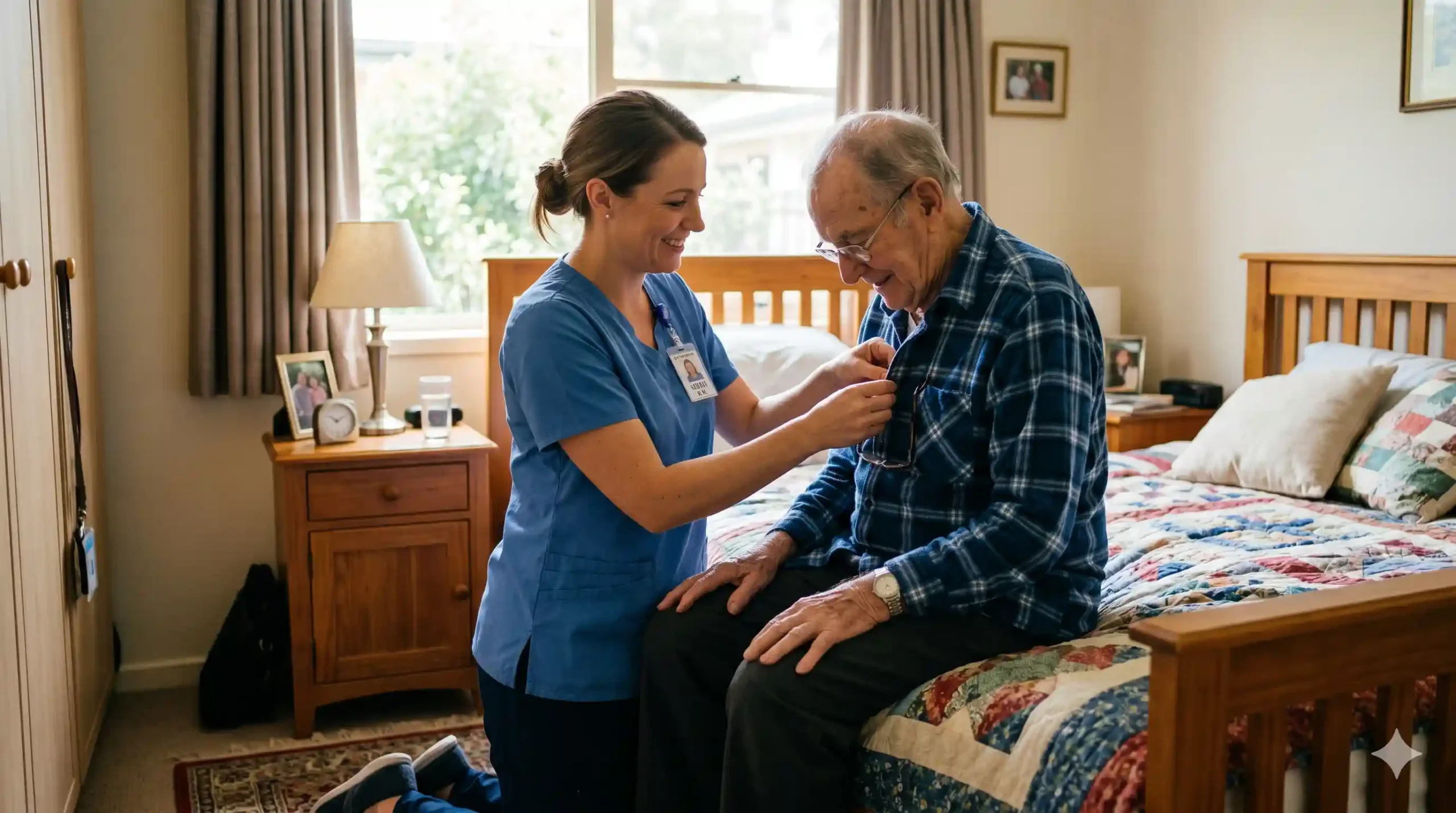 nurse helping an elderly man getting dress during a in home care nursing service