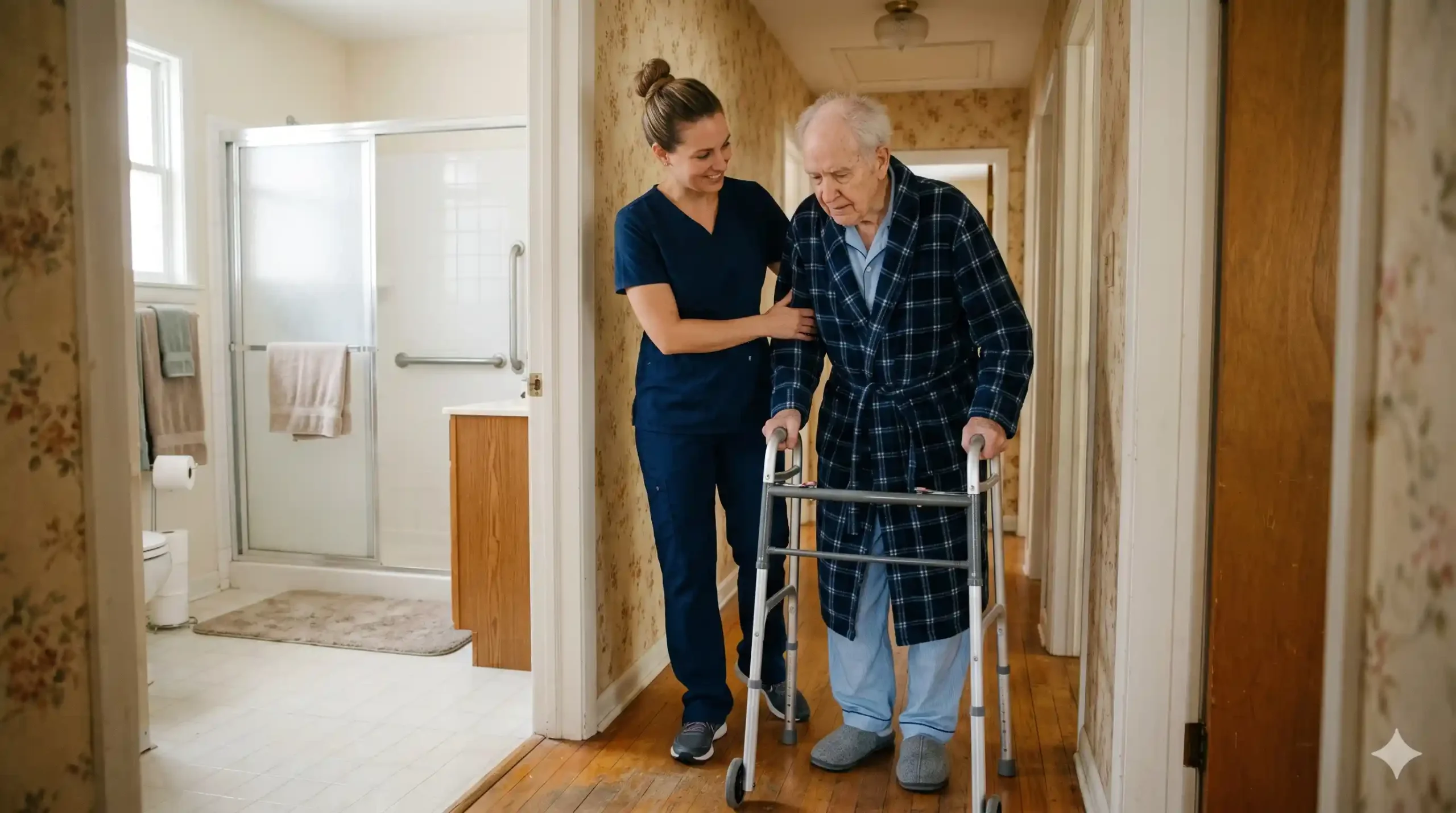 nurse taking care of an elderly man and helping him to take a bath in nyc