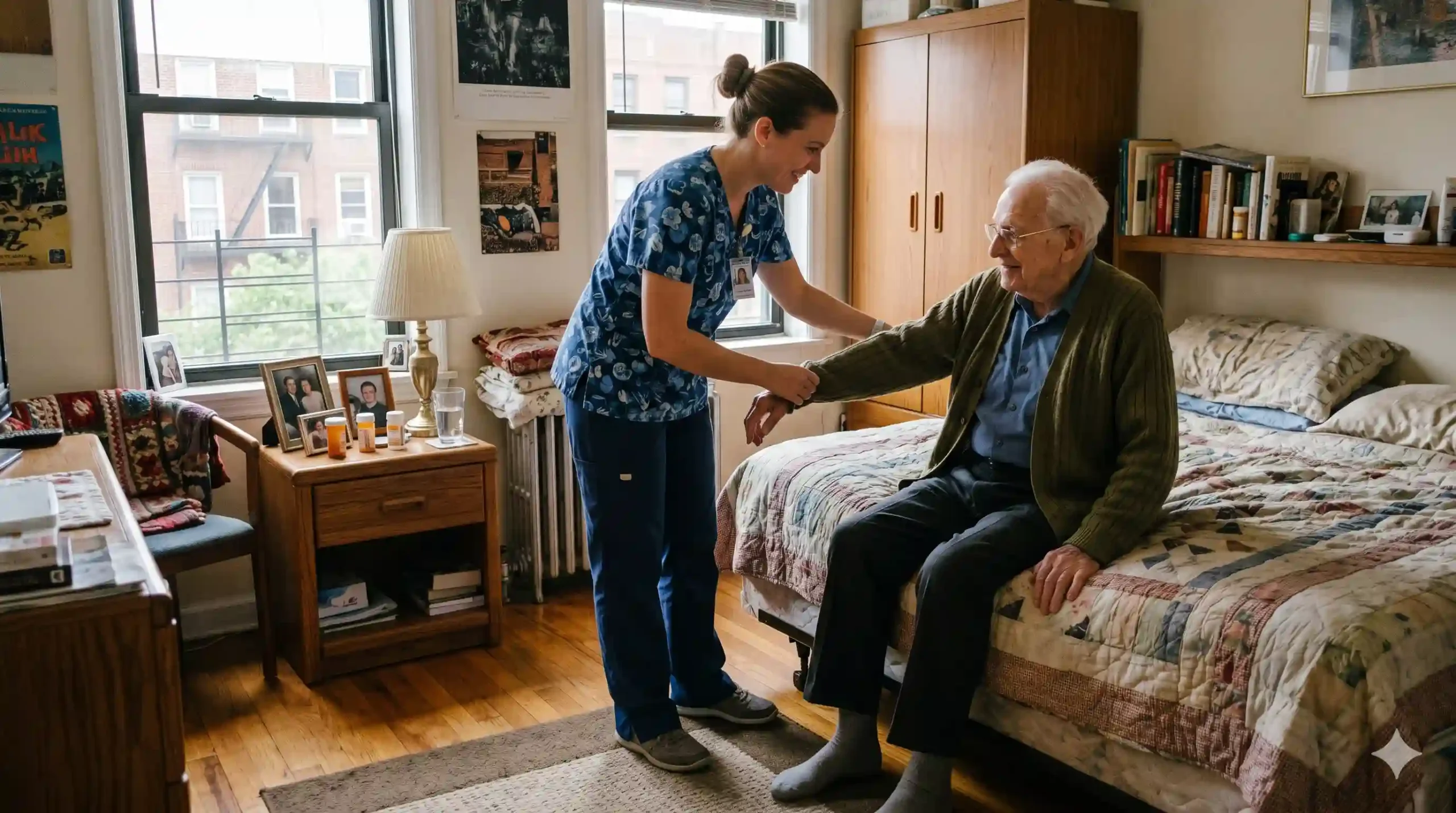 nurse helping an elderly man dressing in nyc