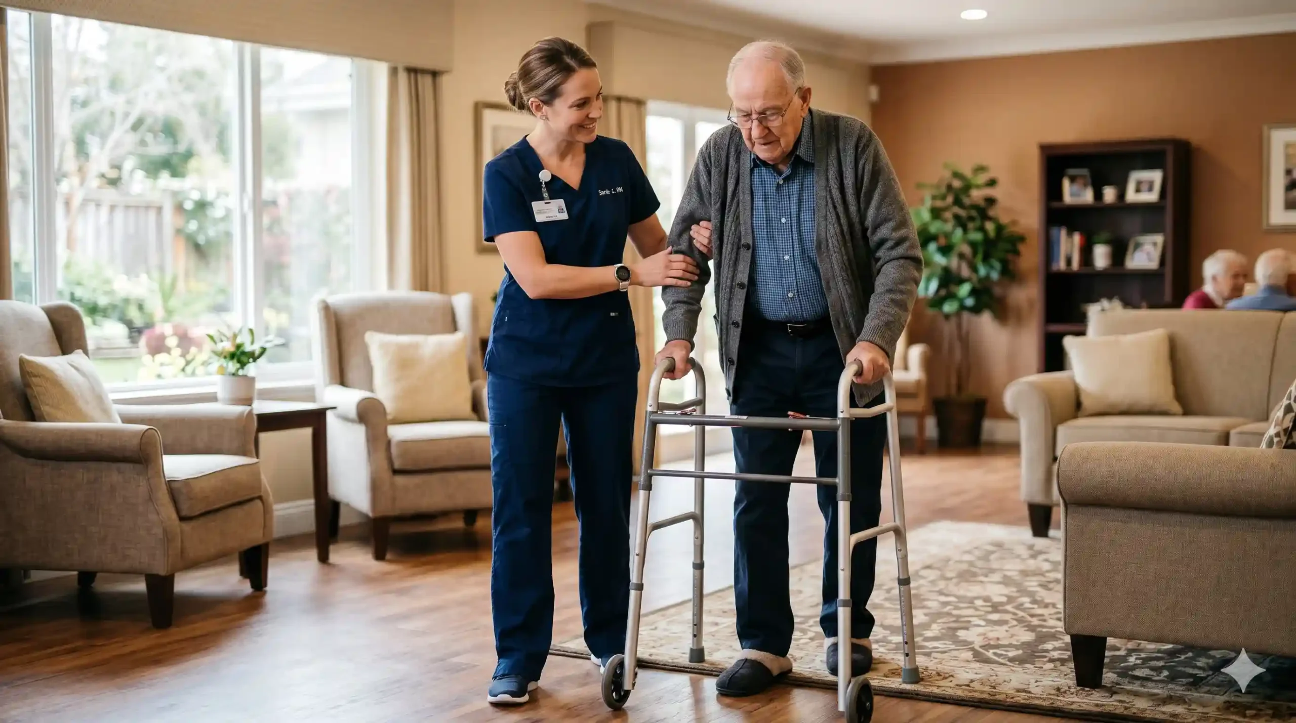 nurse taking care of an elderly man with mobility issue