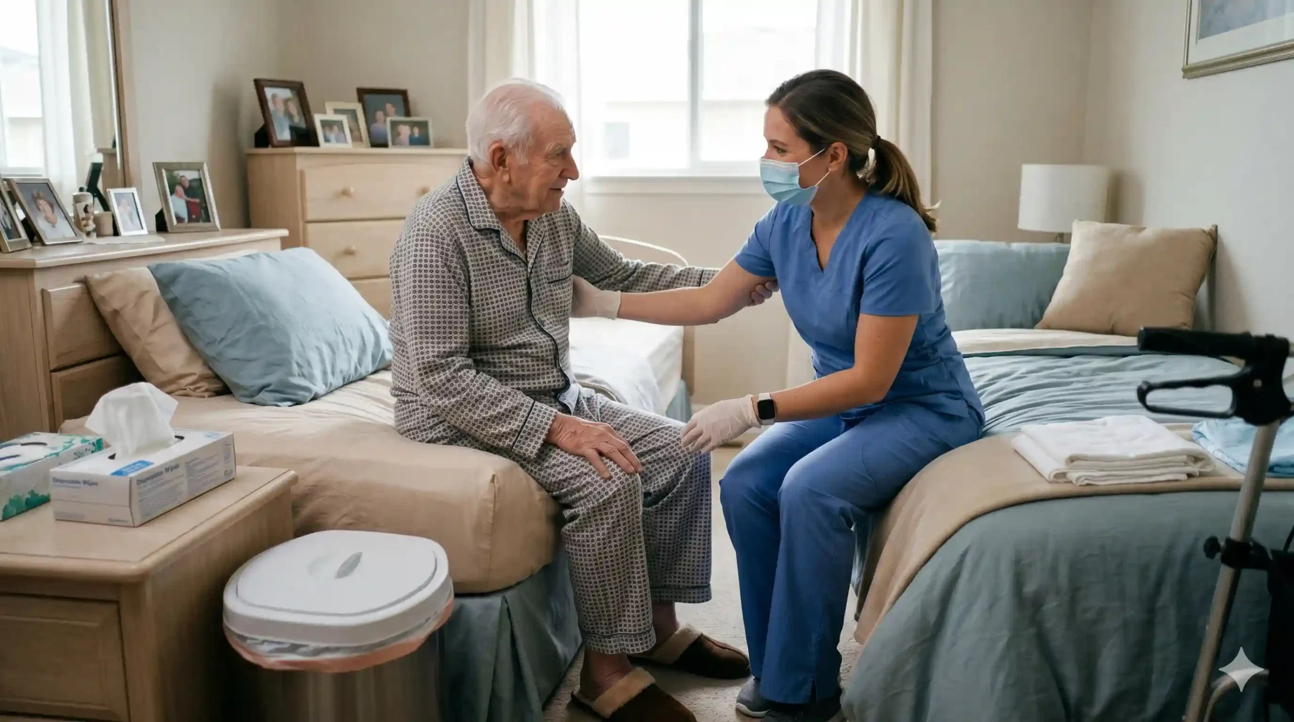 hispanic nurse taking care of an elderly man with incontinence issue in NYC