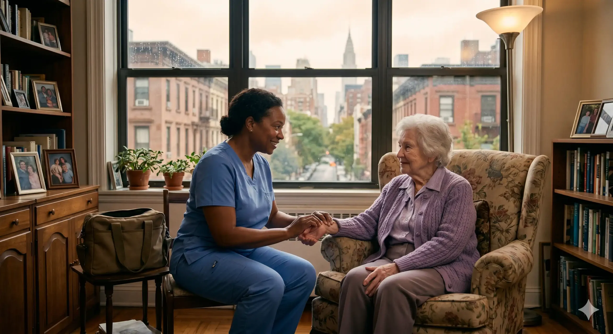nurse woman taking care of an elderly woman in nyc city