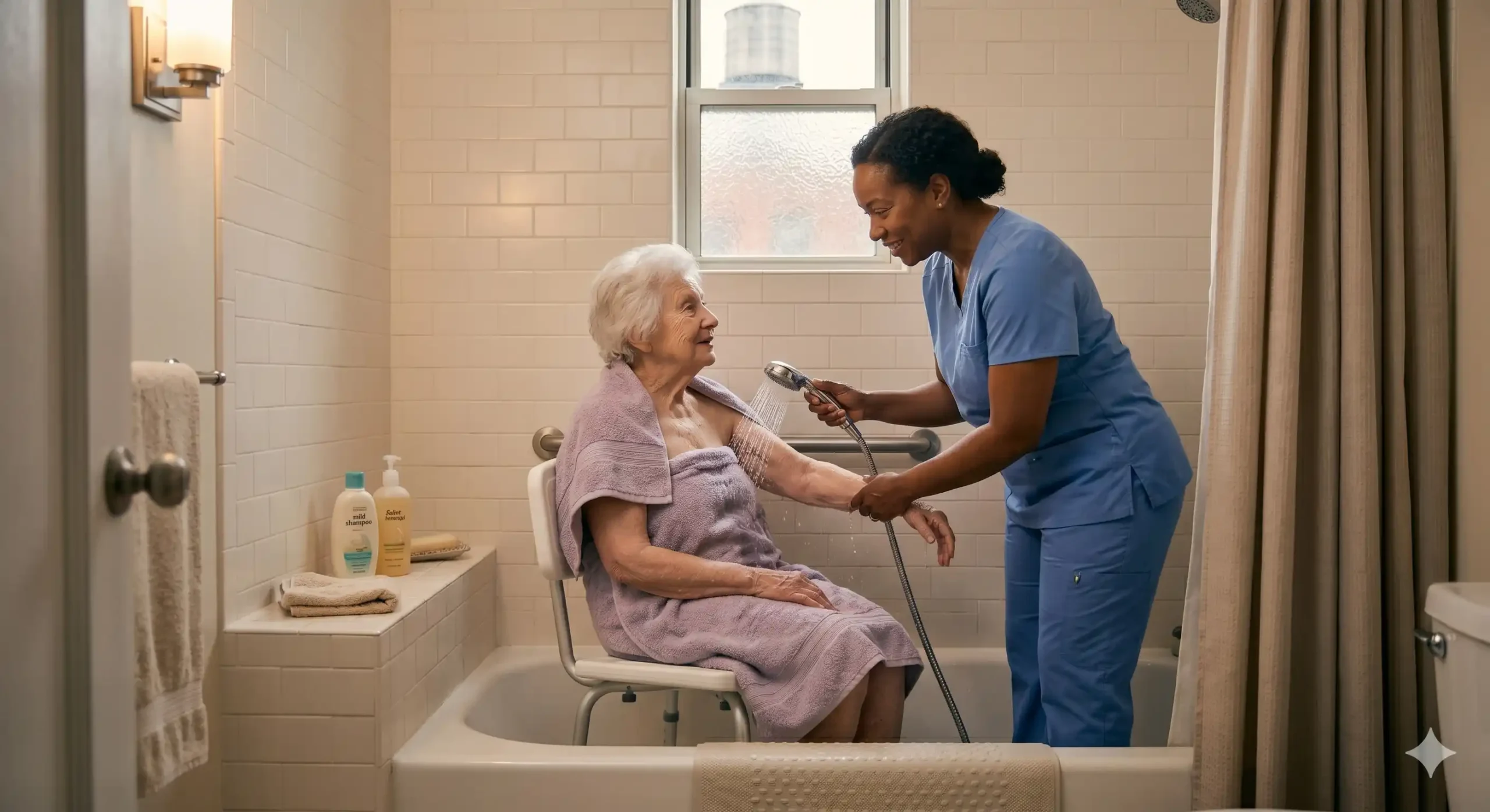 nurse giving shower assistance to an old lady in nyc