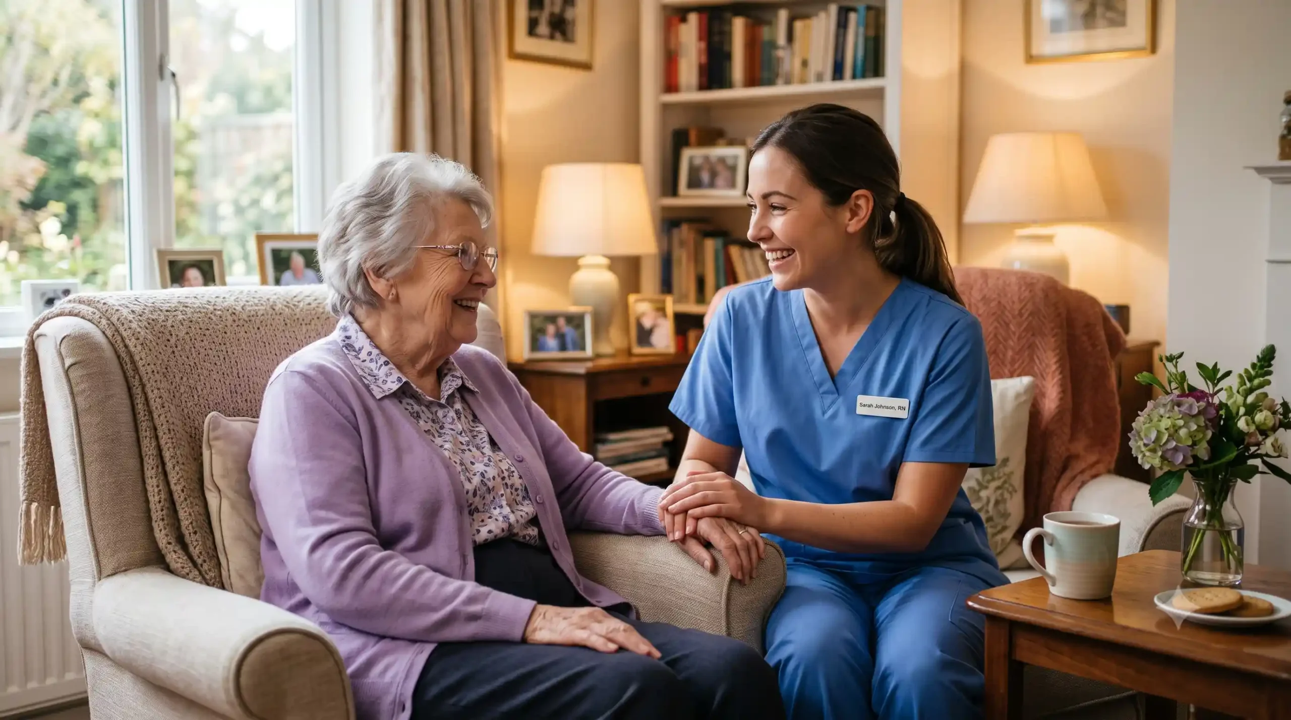 nurse taking care of an old woman in nYC, providing companionship services from a home care agency
