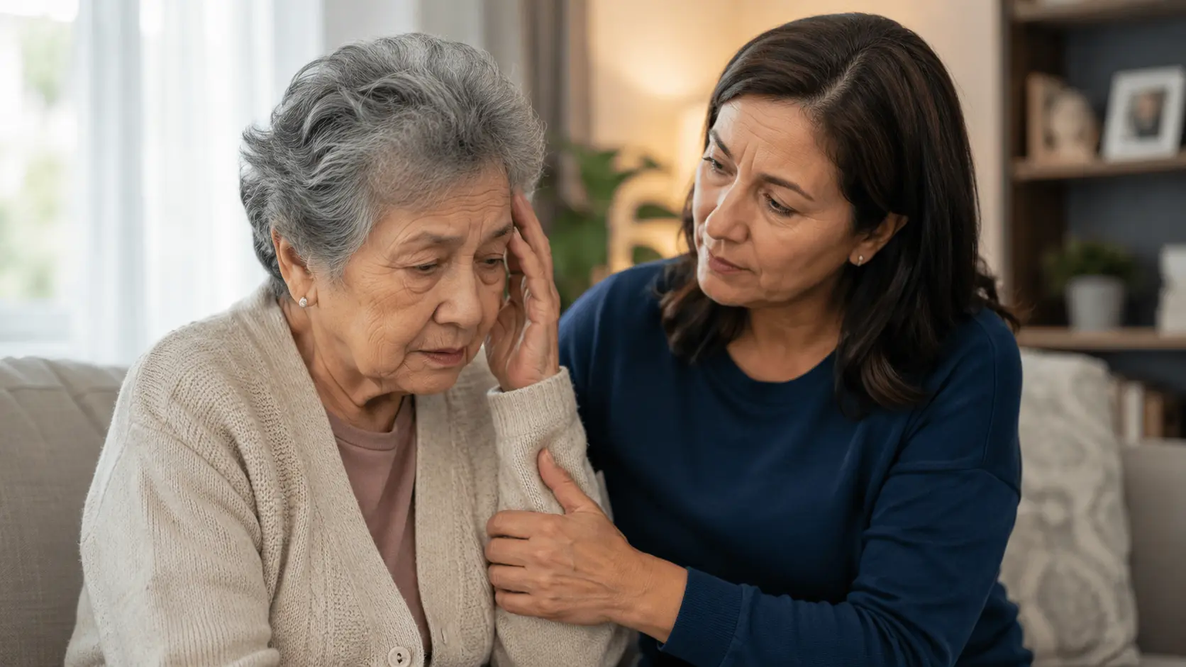 caregiver taking care of her mom that is suffering from alzheimer disease