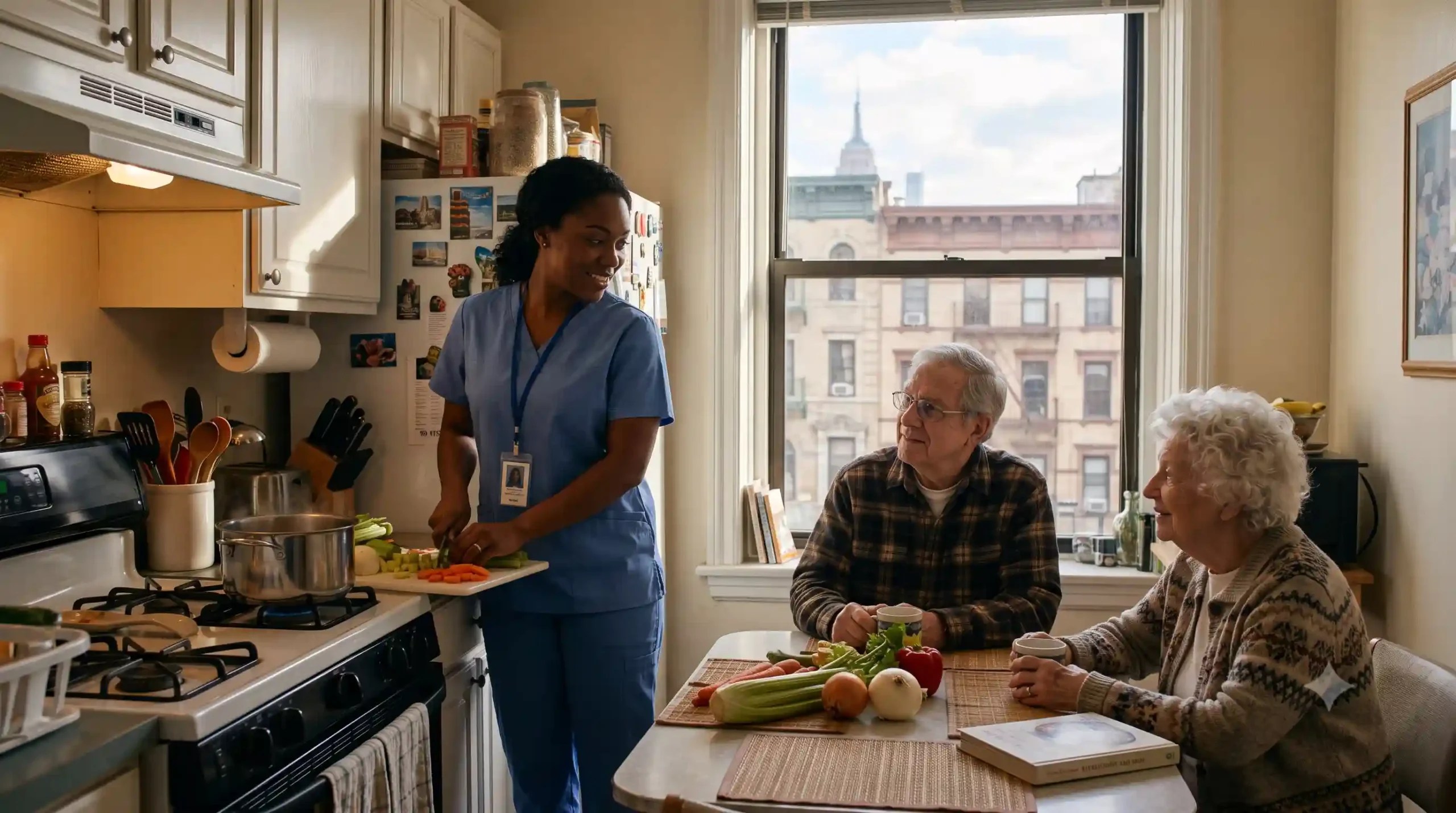 nurse taking care of a couple of seniors in NYC by providing meal preparation services