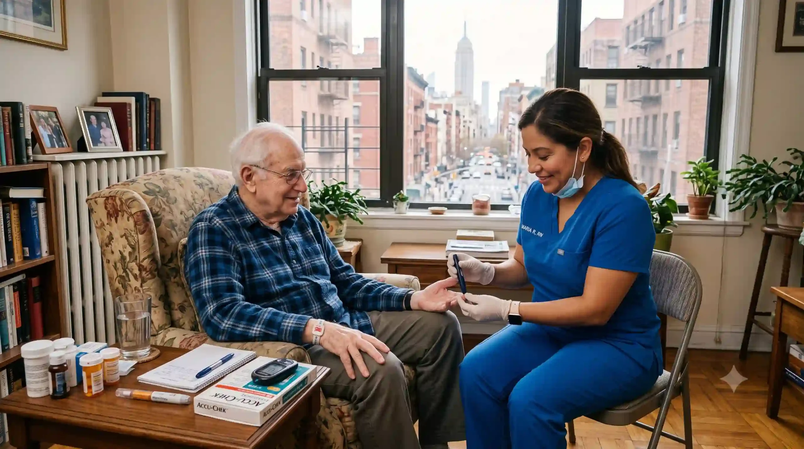 nurse taking care of an elderly man with diabetes providing home care services in NYC