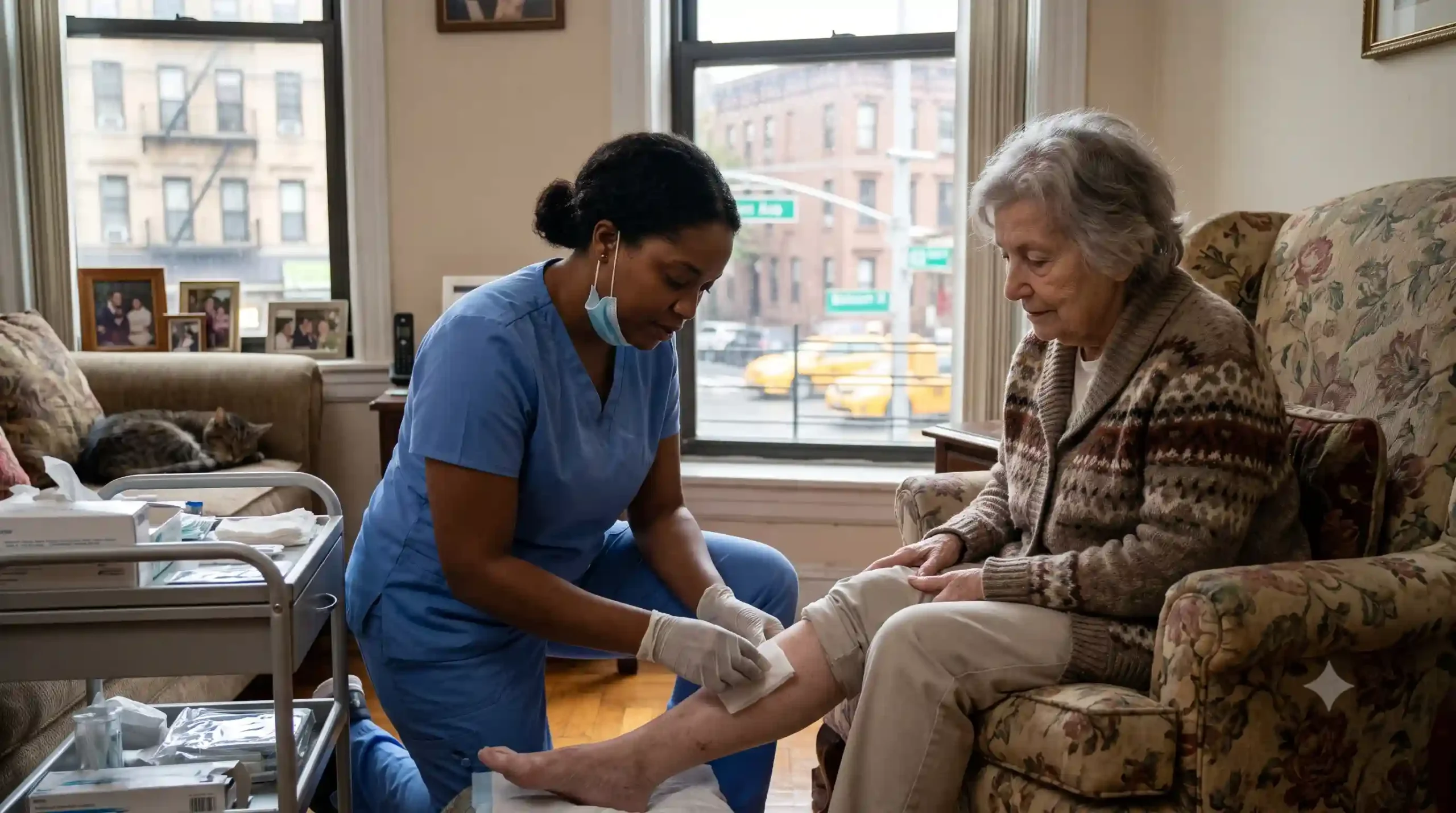 nurse taking care of an elderly woman providing wound care services in NYC