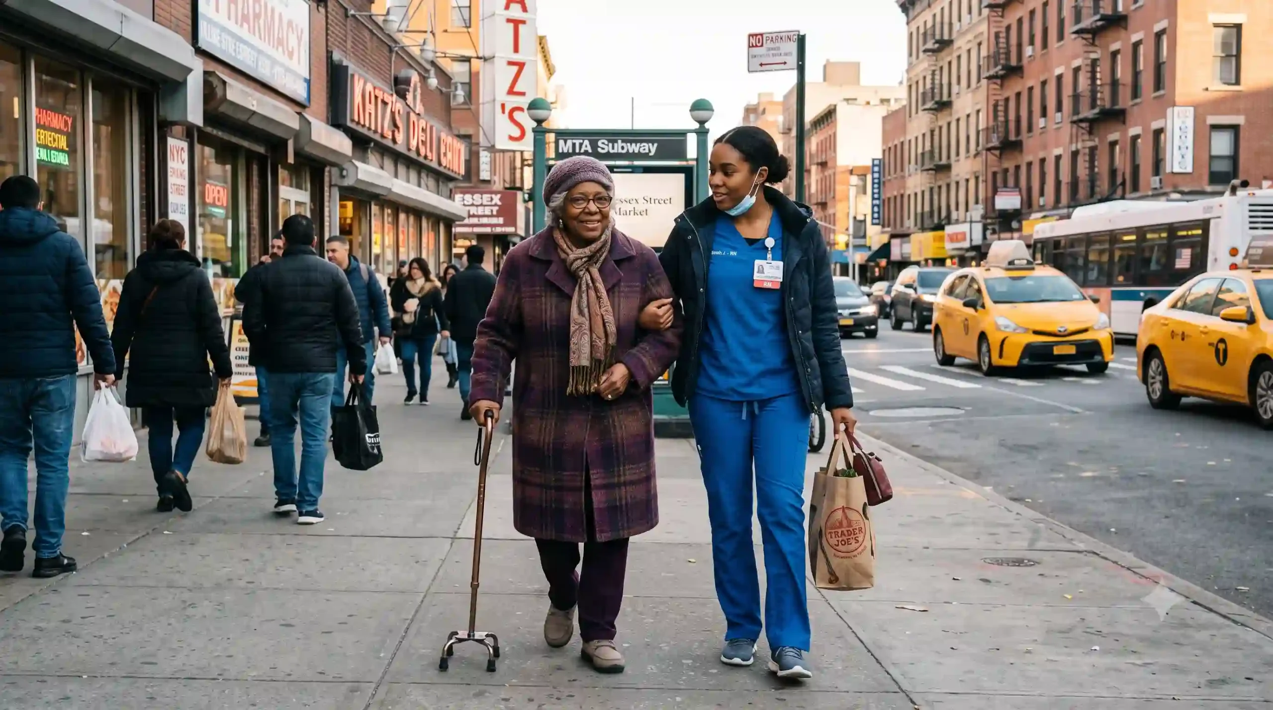 nurse taking care of a senior woman by helping her with errand services in nYC