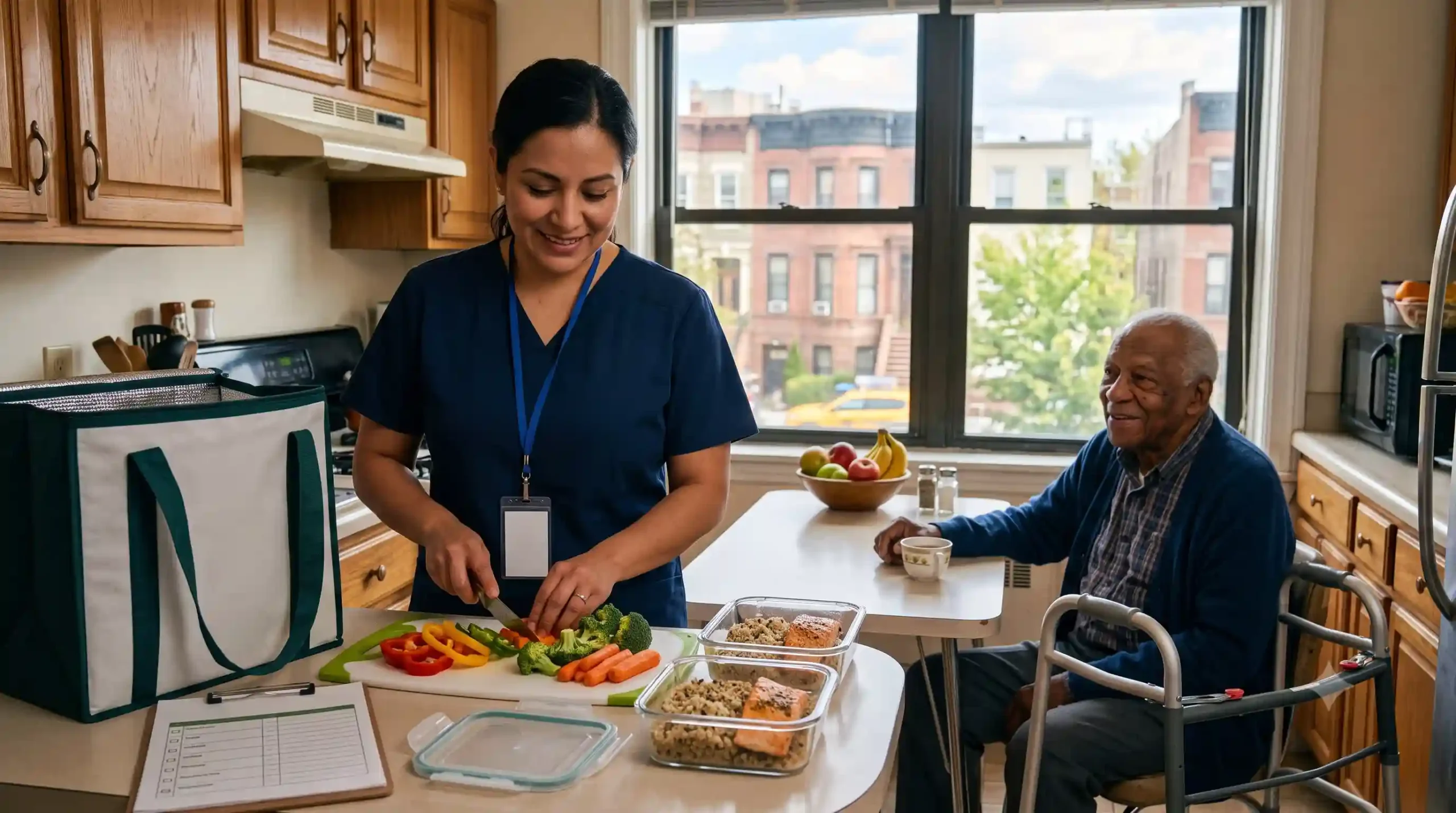 nurse taking care of an elderly man by providing meal preparation services in NYC