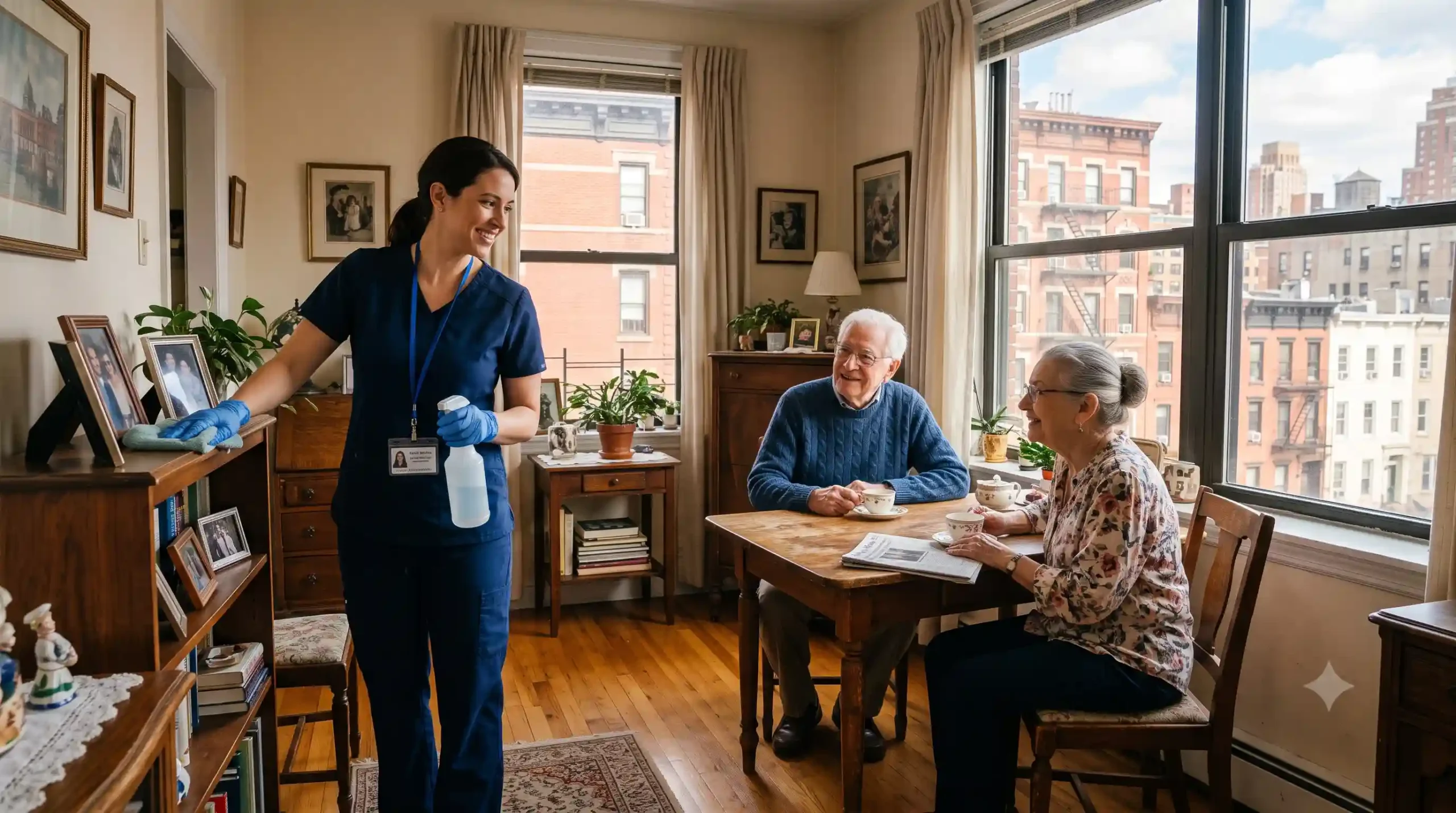 nurse taking care of a couple of seniors in NYC by providing cleaning services