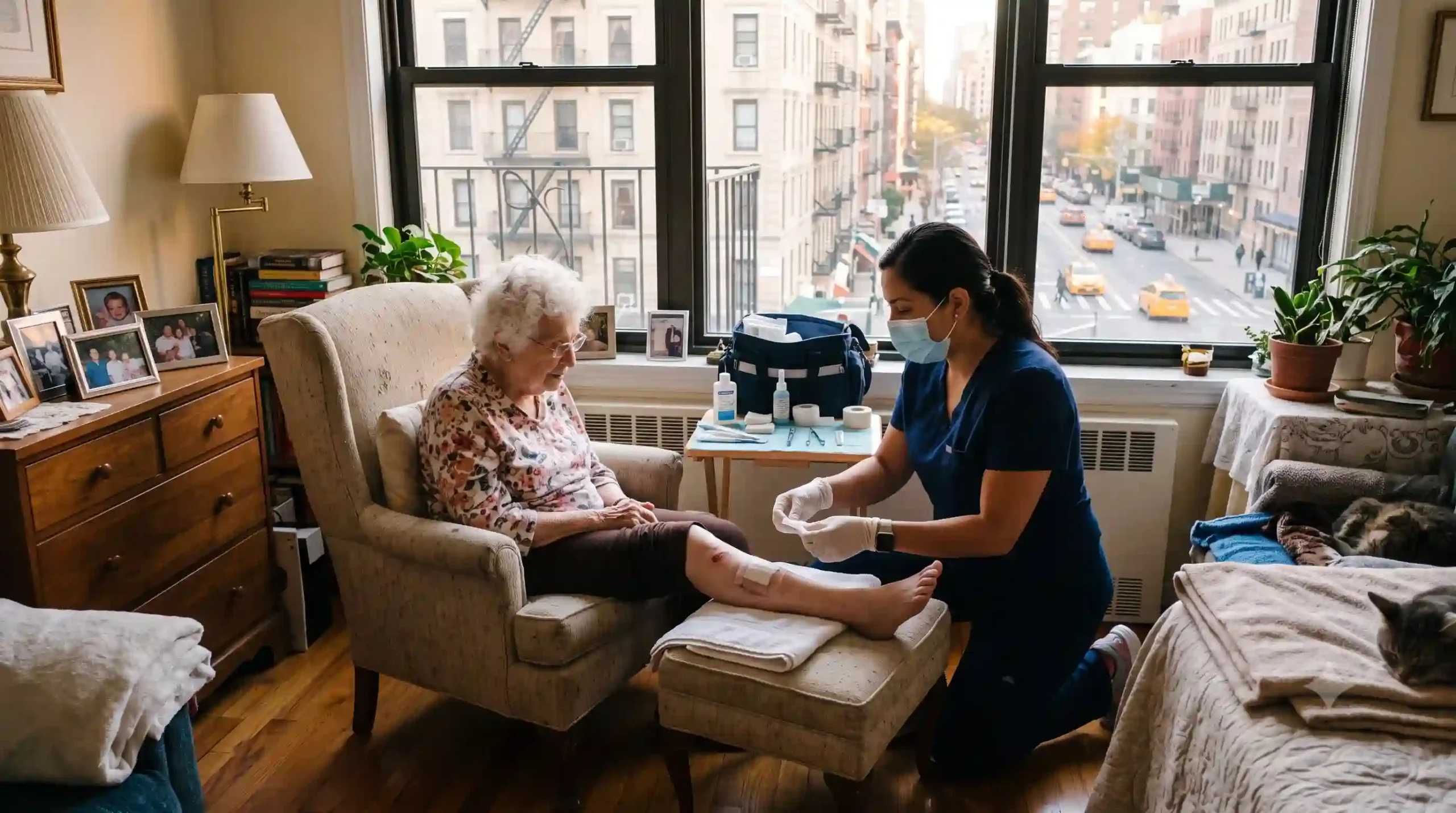 nurse taking care of an old woman providing wound care services in NYC