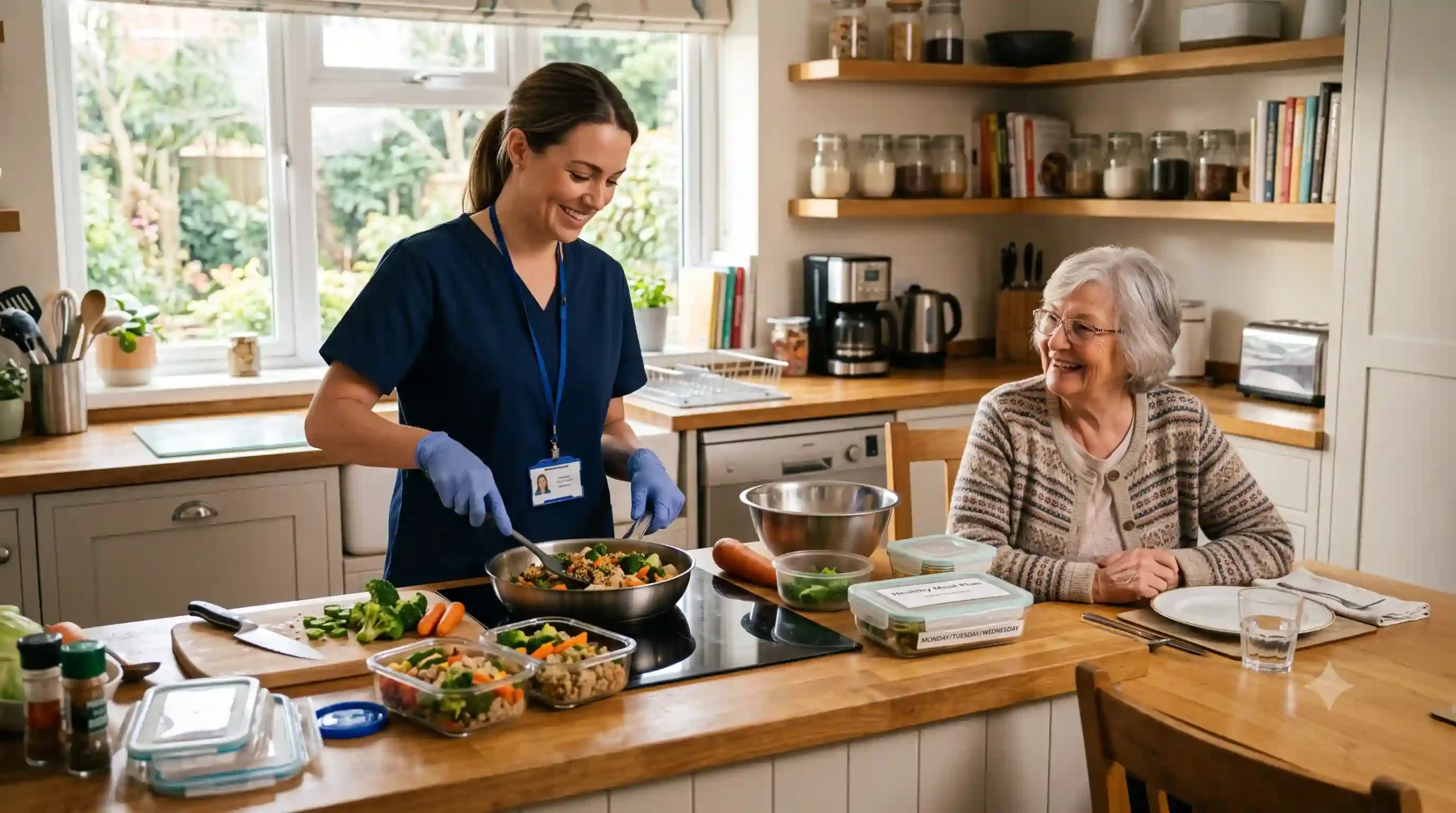 a nurse preparing a health dish for an old woman in NYC