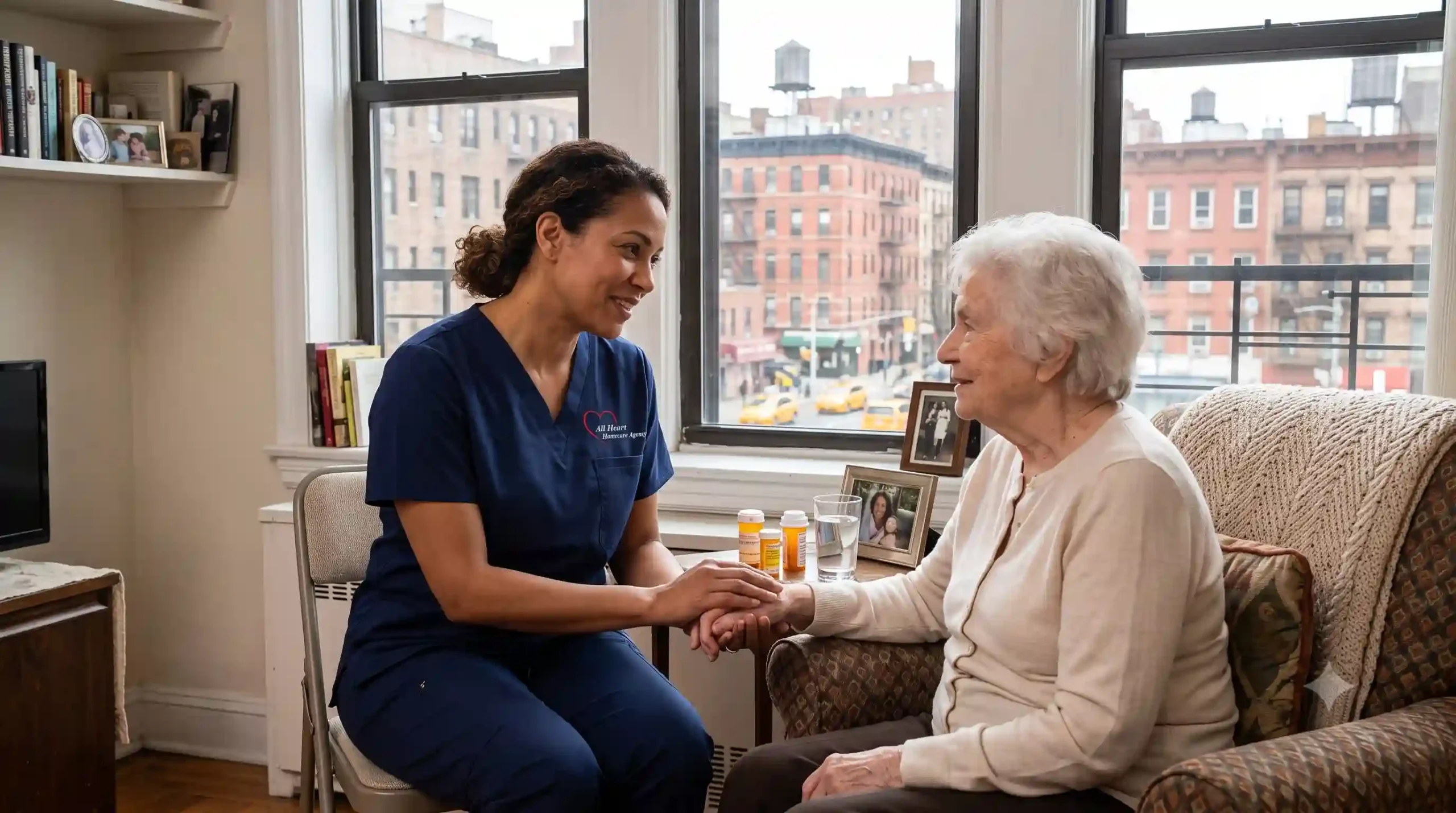 nurse taking care of an elderly woman in NYC