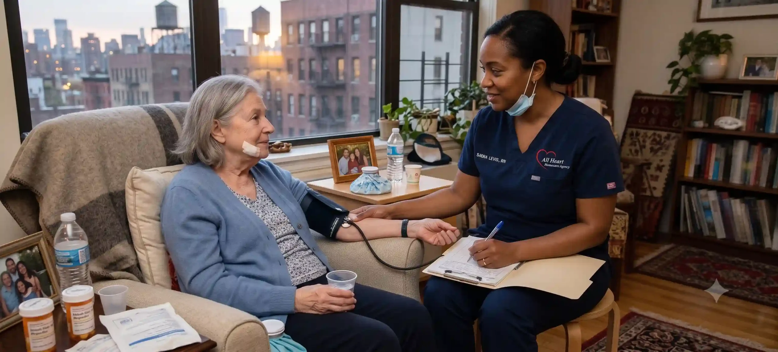 nurse taking care of an old lady in NYC after a dental surgery