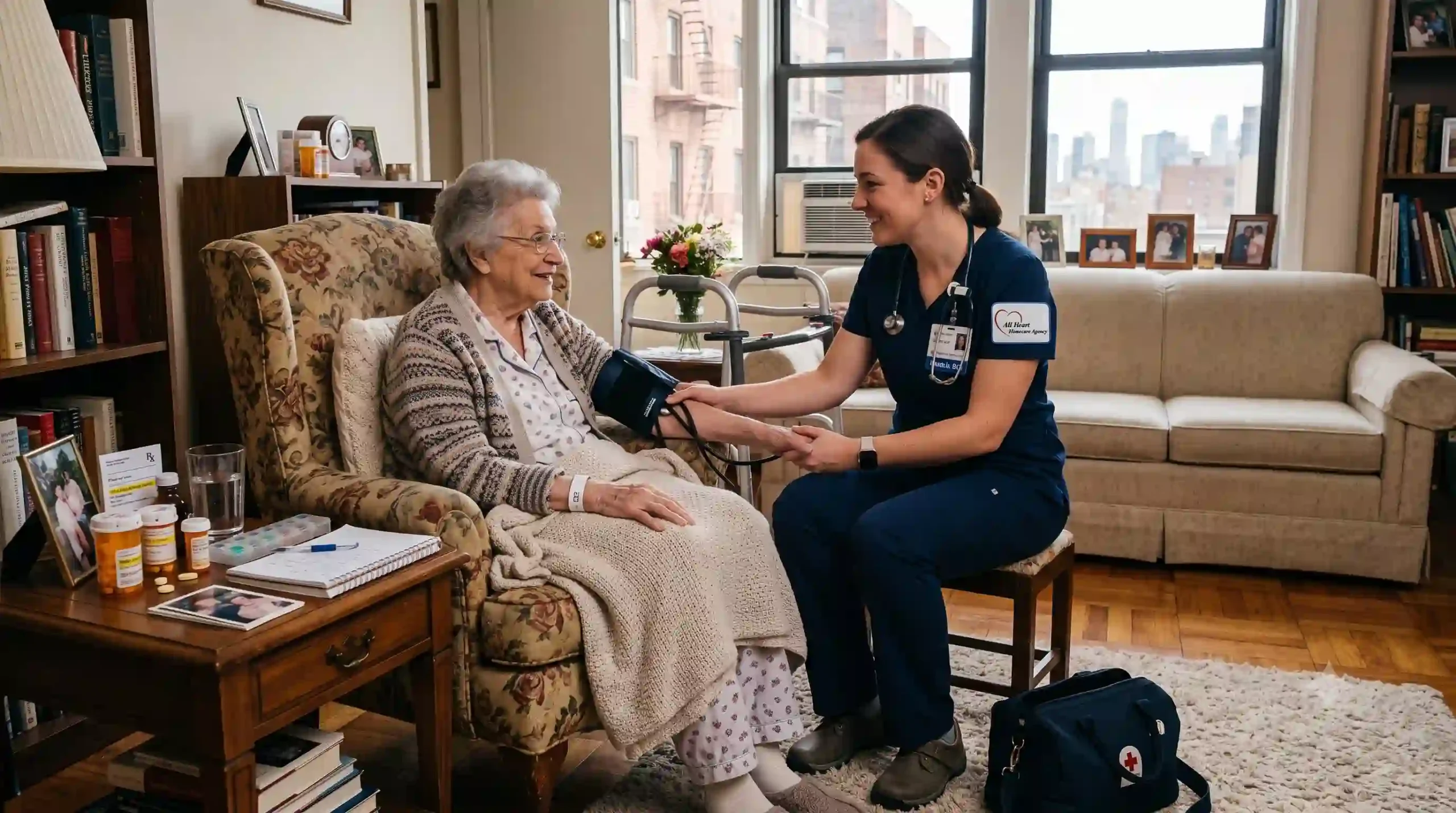 nurse taking care of an elderly woman in NYC after hospital discharge