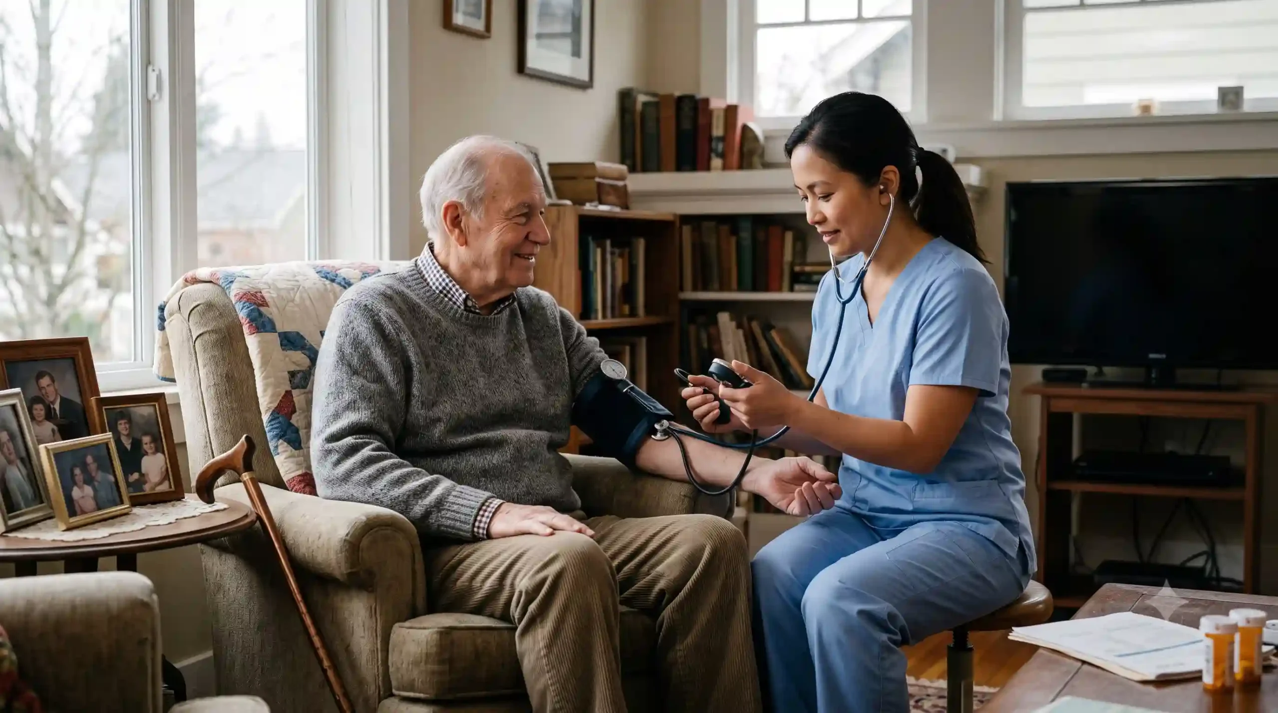 nurse taking care of an elderly man after hospital stay in nYC
